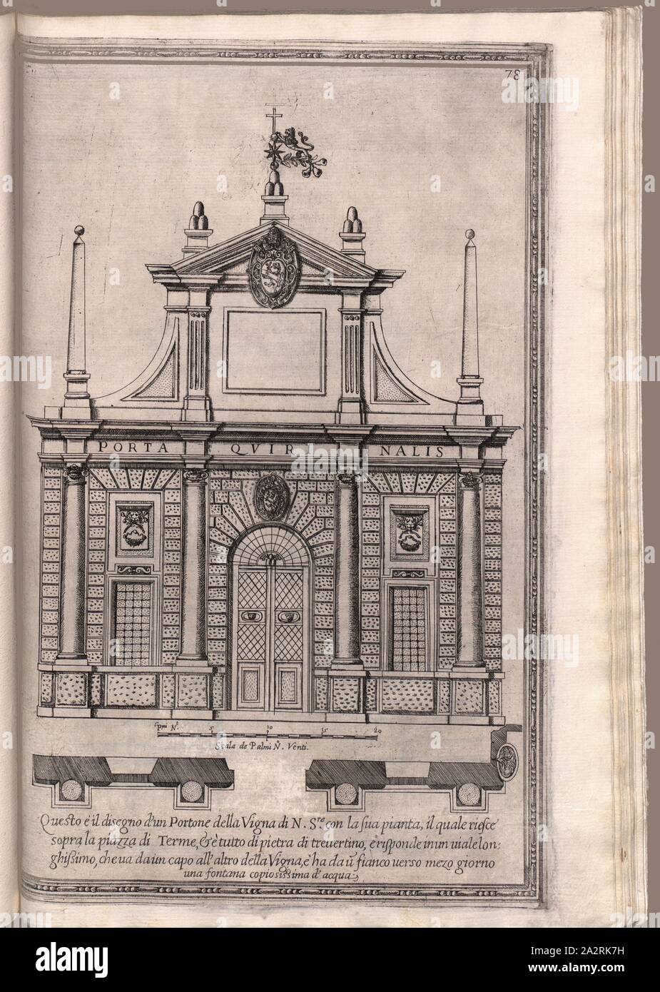 Le Portone della Vigna, qui réussit au-dessus de la Piazza di Porta Quirinalis, Terme (Porte Severiane), porte de la Villa Peretti-Montalto dans Rome, 78, fol. 80v, Fontana, Domenico (FEC) ; Bonifacio, Natale (inc.), 1590, Domenico Fontana : Della trasportatione dell'obelisco vaticano et delle fabriche di nostro signore papa Sisto V. Roma : appresso Domenico Basa, 1590 Banque D'Images