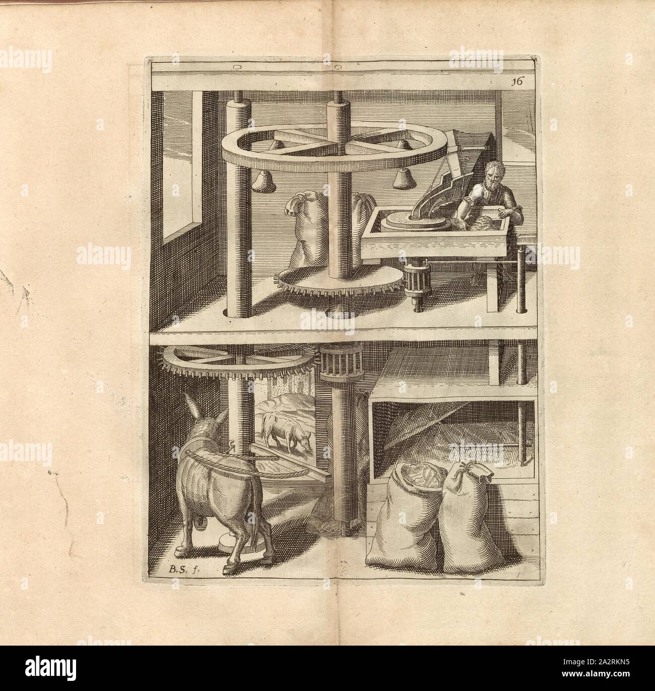 Un moulin peut être conduit autour par des bœufs, ânes ou autres animaux vivants, Mill tirée par un âne, signé : B. S. (f.), fig. 16, après p. 18, p. 40, Schwan, Balthasar, (f.), 1629, Iacobum de Strada à Rosberg : Kunstliche Abriss, allerhand Wasser-, Vent-, Ross- und part Mühlen, beneben schönen und nützlichen Pompen, auch an anderen Machinen, damit das Wasser Höhe dans zuerheben, auch lustige Brunnen vor und dergleichen, Wasserwerck diesem nie gesehen worden : underschiedlichen gemehret jetzo mit Inventionen [...]. Franckfurt am : dans "Verlegung Octavii de Strada..., 1629 Banque D'Images