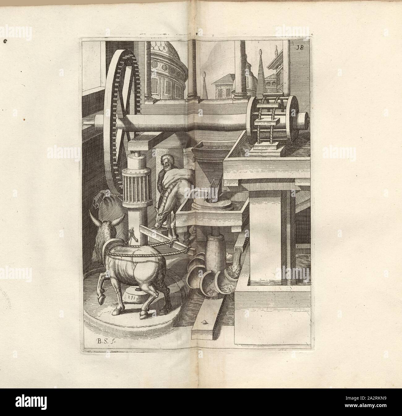 Une sorte de cheval mills, Moulin fondé à la fois sur un cheval et l'eau, signé : B. S. (f.), fig. 18, après p. 18, p. 42, Schwan, Balthasar, (f.), 1629, Iacobum de Strada à Rosberg : Kunstliche Abriss, allerhand Wasser-, Vent-, Ross- und part Mühlen, beneben schönen und nützlichen Pompen, auch an anderen Machinen, damit das Wasser Höhe dans zuerheben, auch lustige Brunnen vor und dergleichen, Wasserwerck diesem nie gesehen worden : underschiedlichen gemehret jetzo mit Inventionen [...]. Franckfurt am : dans "Verlegung Octavii de Strada..., 1629 Banque D'Images