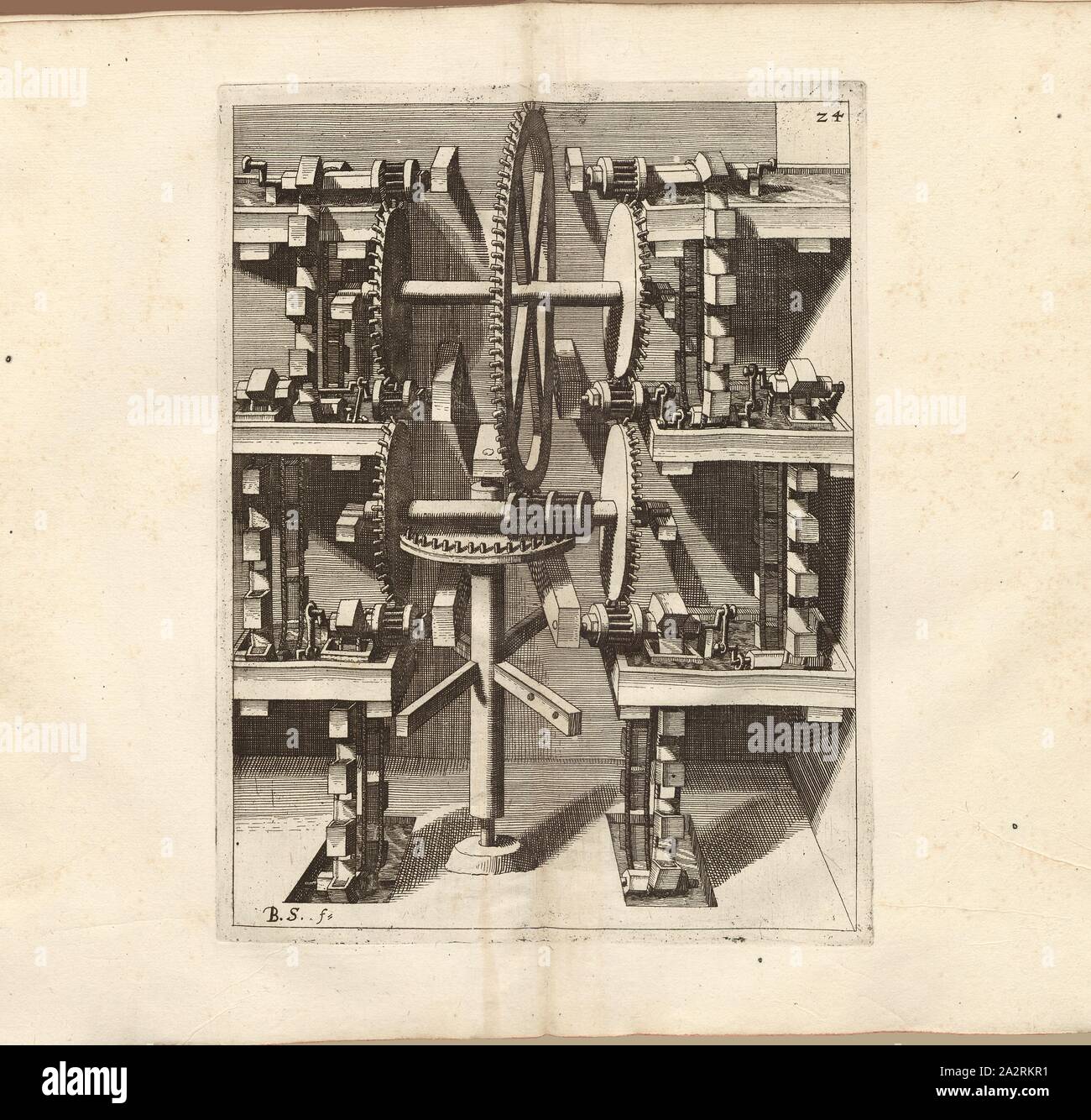 Une sorte de trois fois le double travail de création, créateur, qui sert à transporter l'eau, signé : B. S. (f.), fig. 24, après p. 18, p. 48, Schwan, Balthasar, (f.), 1629, Iacobum de Strada à Rosberg : Kunstliche Abriss, allerhand Wasser-, Vent-, Ross- und part Mühlen, beneben schönen und nützlichen Pompen, auch an anderen Machinen, damit das Wasser Höhe dans zuerheben, auch lustige Brunnen vor und dergleichen, Wasserwerck diesem nie gesehen worden : underschiedlichen gemehret jetzo mit Inventionen [...]. Franckfurt am : dans "Verlegung Octavii de Strada..., 1629 Banque D'Images