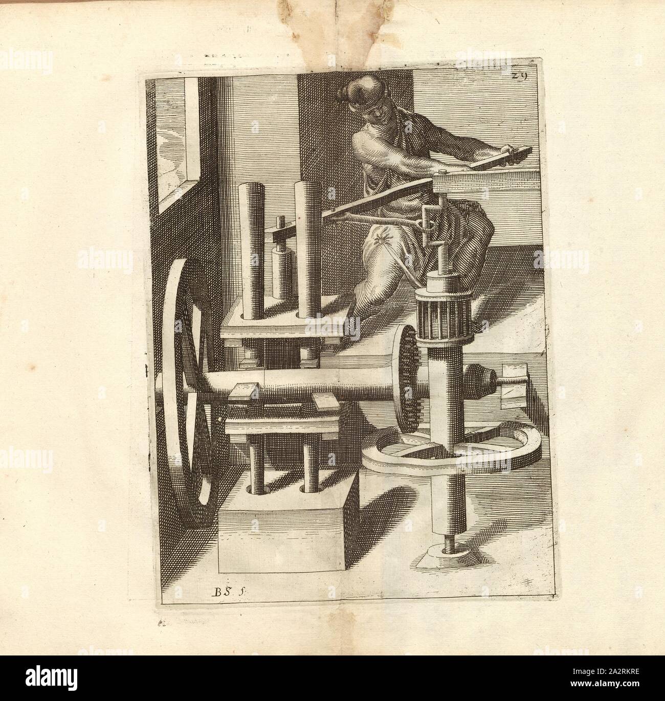 Un Dreyfachs Pompwerck, station de pompage pour puiser de l'eau, signé : B. S. (f.), fig. 29, après p. 18, p. 53, Schwan, Balthasar, (f.), 1629, Iacobum de Strada à Rosberg : Kunstliche Abriss, allerhand Wasser-, Vent-, Ross- und part Mühlen, beneben schönen und nützlichen Pompen, auch an anderen Machinen, damit das Wasser Höhe dans zuerheben, auch lustige Brunnen vor und dergleichen, Wasserwerck diesem nie gesehen worden : underschiedlichen gemehret jetzo mit Inventionen [...]. Franckfurt am : dans "Verlegung Octavii de Strada..., 1629 Banque D'Images