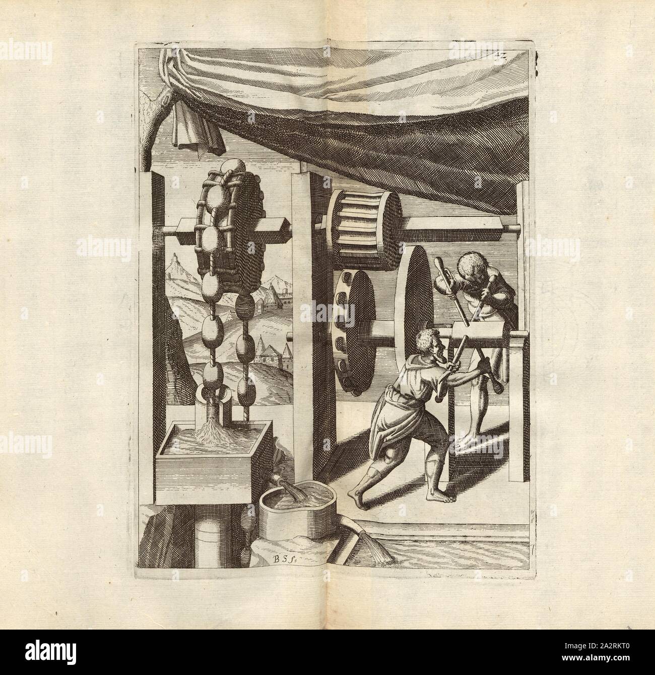 Une autre façon de faire monter l'eau uniformément avec de tels sacs, l'eau est acheminée dans les navires par deux personnes en navires, signé : B. S. (f.), fig. 42, après p. 18, p. 66, Schwan, Balthasar, (f.), 1629, Iacobum de Strada à Rosberg : Kunstliche Abriss, allerhand Wasser-, Vent-, Ross- und part Mühlen, beneben schönen und nützlichen Pompen, auch an anderen Machinen, damit das Wasser Höhe dans zuerheben, auch lustige Brunnen vor und dergleichen, Wasserwerck diesem nie gesehen worden : underschiedlichen gemehret jetzo mit Inventionen [...]. Franckfurt am : dans "Verlegung Octavii de Strada..., 1629 Banque D'Images