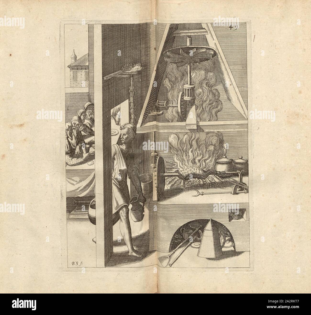 Une sorte de grillage la fumée soufflée, torréfaction turner conduit par la fumée de l'incendie, signé : B. S. (f.), fig. 49, après p. 18, p. 73, Schwan, Balthasar, (f.), 1629, Iacobum de Strada à Rosberg : Kunstliche Abriss, allerhand Wasser-, Vent-, Ross- und part Mühlen, beneben schönen und nützlichen Pompen, auch an anderen Machinen, damit das Wasser Höhe dans zuerheben, auch lustige Brunnen vor und dergleichen, Wasserwerck diesem nie gesehen worden : underschiedlichen gemehret jetzo mit Inventionen [...]. Franckfurt am : dans "Verlegung Octavii de Strada..., 1629 Banque D'Images