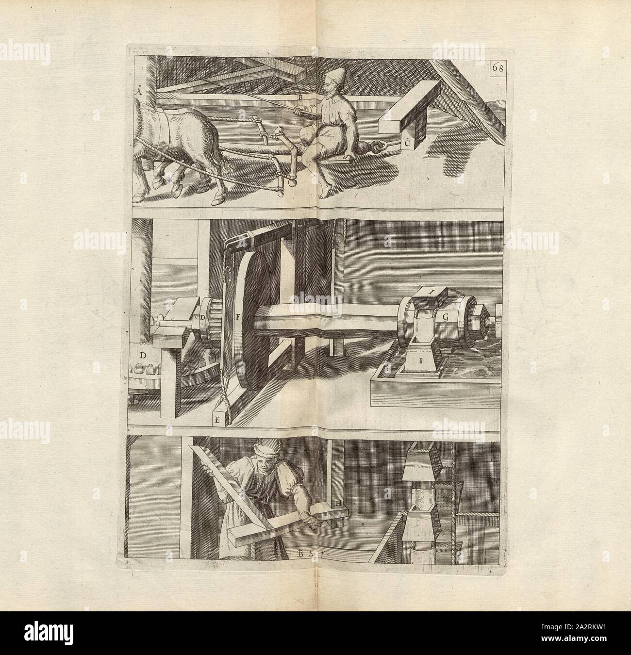 Un autre type de créateur de l'eau avec un cheval, deux d'art-powered, scoop signé : B. S. (f.), fig. 68, p. 18, p. 92, Schwan, Balthasar, (f.), 1629, Iacobum de Strada à Rosberg : Kunstliche Abriss, allerhand Wasser-, Vent-, Ross- und part Mühlen, beneben schönen und nützlichen Pompen, auch an anderen Machinen, damit das Wasser Höhe dans zuerheben, auch lustige Brunnen vor und dergleichen, Wasserwerck diesem nie gesehen worden : underschiedlichen gemehret jetzo mit Inventionen [...]. Franckfurt am : dans "Verlegung Octavii de Strada..., 1629 Banque D'Images