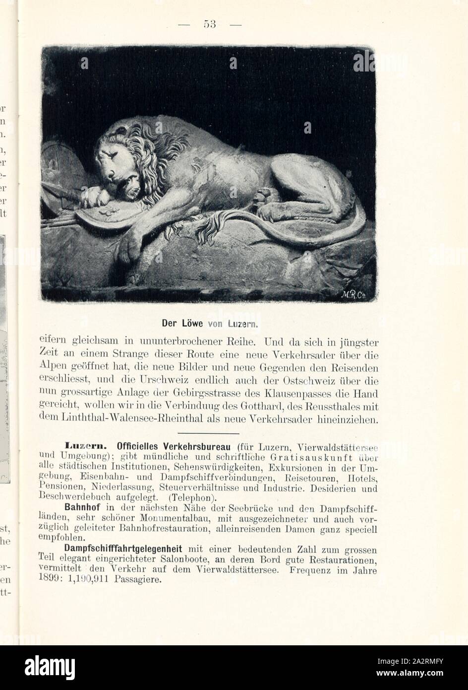 Le Lion de Lucerne, Monument du Lion à Lucerne, signé : M.R.C, fig. 54, p. 53, Meisenbach, Riffarth und Co. (imp.), 1900, J. Knobel : Illustrierter Reisebegleiter für die Alpenstrasse des Klausen und ihre Zufahrtslinien. Glaris : Buchdruckerei J. Spälti, 1900 Banque D'Images