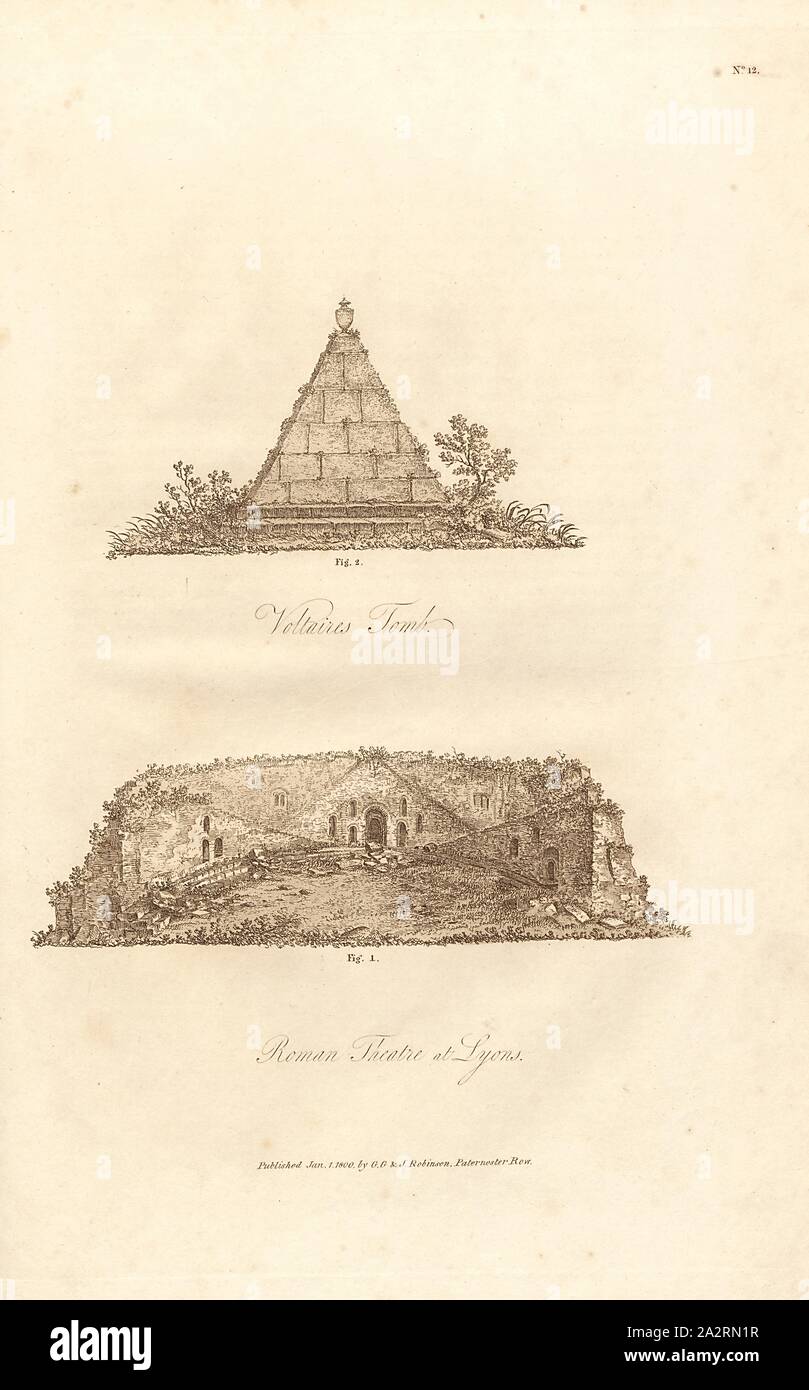 Vue intérieure du théâtre romain à Lyon - le tombeau de Votaire, Fig.1 : ruines du théâtre romain à Lyon, Fig.2 : le tombeau de Voltaire, non. 12, après p. 24, Beaumont, Albanis Beaumont, 1800, Albanis : Voyages de la France vers l'Italie, à travers les Alpes Lepontine ; ou, un itinéraire de la route de Lyon à Turin, par le chemin de la Pays-de-Veaud, le Valais, et à travers les Monts du Grand-Saint-Bernard, Simplon, et saint Gotthard. Avec des descriptions topographiques et historiques (...).Londres : William Nicholson de G.G. et J. Robinson, et W. Baynes, 1806 Banque D'Images