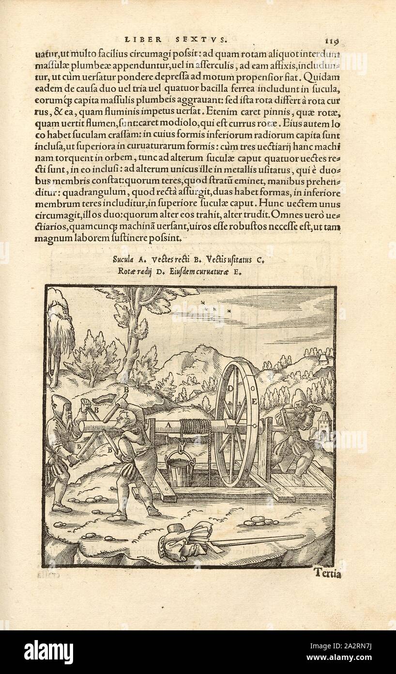 Haspelanlage 2, Structure d'un enrouleur volant avec treuil, roue de l'onde et du godet, gravure sur bois, p. 119, (Liber sextus), Manuel, Hans Rudolf (graveur sur bois), 1556, Georgius Agricola : De re metallica libri XII : quibus officia, instrumenta, machinae, ac denique omnia annonce metallicam spectantia, luculentissime describuntur non modo, sed et effigies par (...). Basileae : [Froben], 1556 Banque D'Images