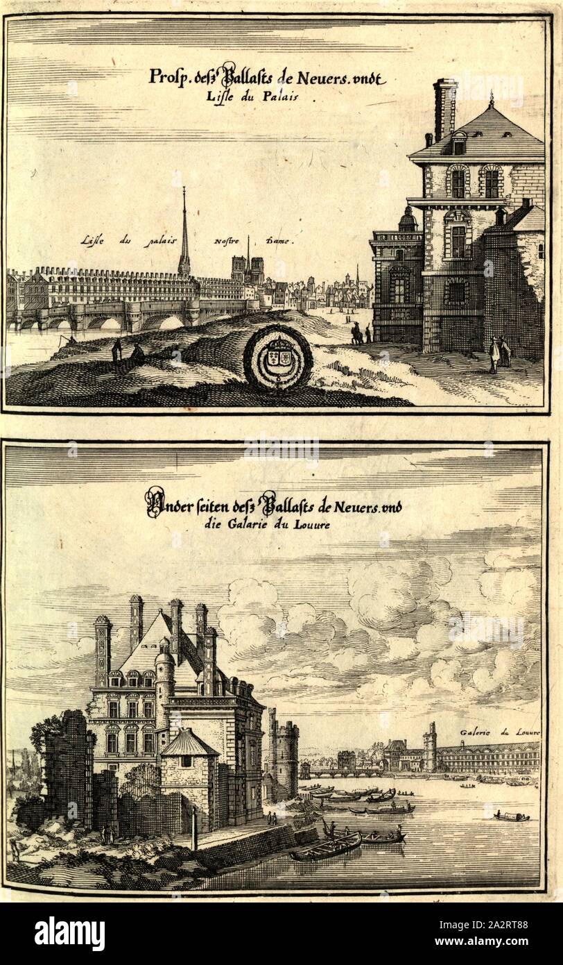 Perspective desz Pall de Nevers et Lisle du Palais et d'autres sur l'desz du palais de Nevers et la galarie du Louvre, Palais du Louvre et Palais de Nevers à Paris, fig. 56, p. 64, 1661, Martin Zeiller : Topographia Galliae, oder Beschreibung und Contrafaitung vornehmbsten bekantisten der und dem mächtigen Oerter dans und grossen Königreich Franckreich beedes eygner : auss Erfahrung und den Besten und berühmbtesten Scribenten underschiedlichen Spraachen, donc dans aussgangen seyn, dont auch auss erlangten etlichen Relationen und Bericht von Jahren hero zusammen getragen, dans richtige Ordnung Banque D'Images