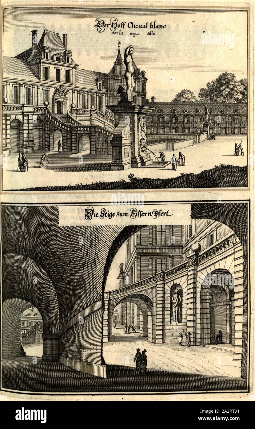 Le Hoff Cheval blanc et l'escalier à l'Eissern cheval, cour intérieure de l'Orgon et Iron Horse à Paris, fig. 77, p. 64, 1661, Martin Zeiller : Topographia Galliae, oder Beschreibung und Contrafaitung vornehmbsten bekantisten der und dem mächtigen Oerter dans und grossen Königreich Franckreich beedes eygner : auss Erfahrung und den Besten und berühmbtesten Scribenten underschiedlichen Spraachen, donc dans aussgangen seyn, dont auch auss erlangten etlichen Relationen und Bericht von Jahren hero zusammen getragen, dans richtige Ordnung und gebracht auff Begehren zum Druck. verfertiget Franckfurt Banque D'Images