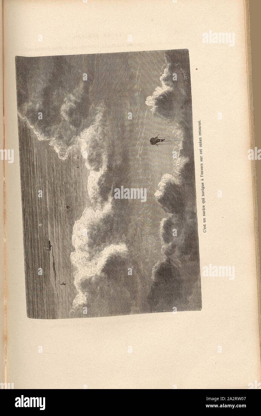 C'est un navire qui est à l'envers sur cet océan de retour, Hot air balloon Neptune lors d'un vol en 1868, Signé : C. Laplante, fig. 79, p. 409, Laplante, Charles (sc.), 1870, James Glaisher ; Camille Flammarion ; Wilfrid de Fonvielle ; Gaston Tissandier : Voyages aériens. Paris : Hachette, 1870 Banque D'Images