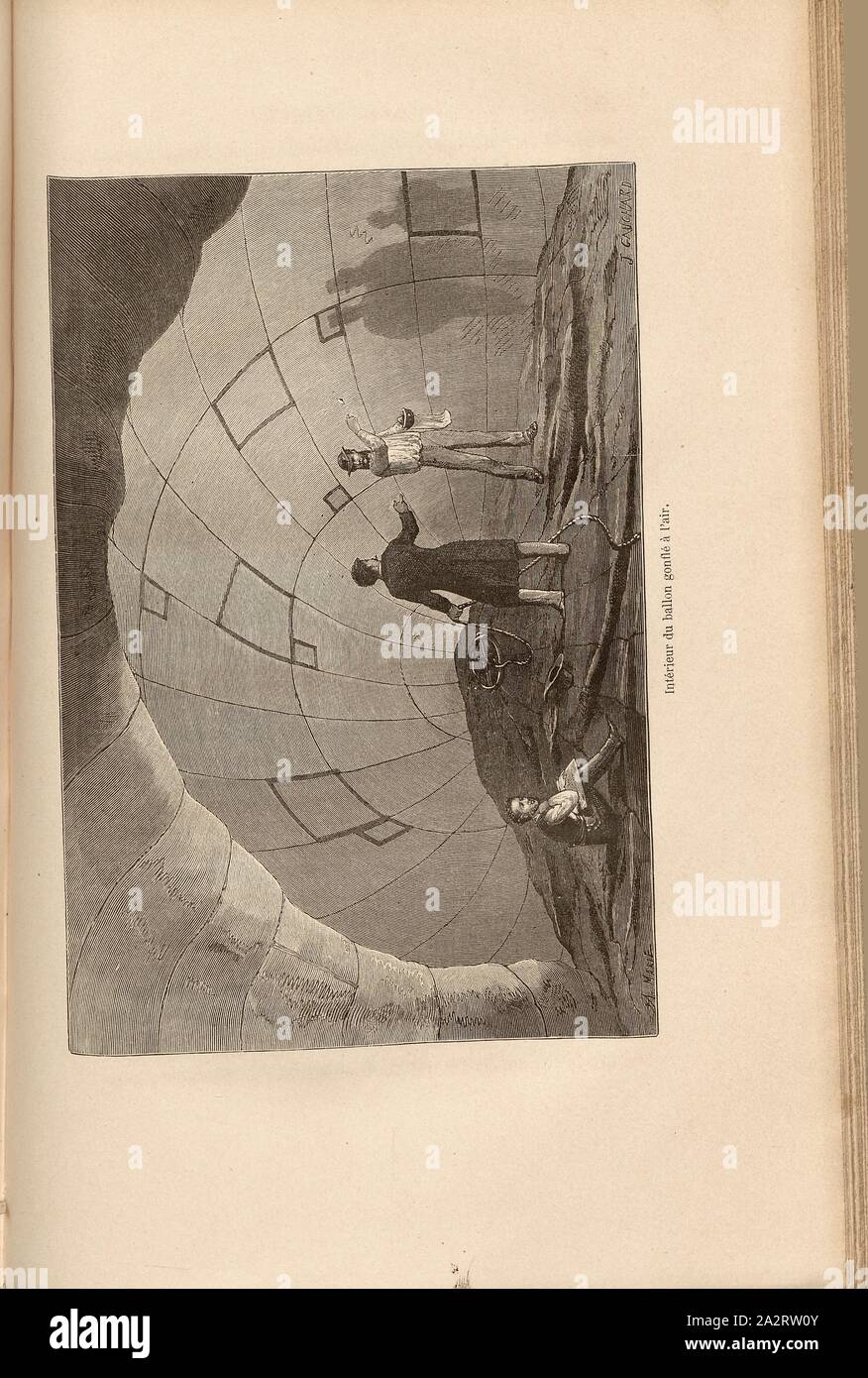 L'intérieur du ballon gonflé à l'air, Albert Tissandier, Gaston Tissandier  et Gabriel Mangin à l'intérieur de la montgolfière, de l'Union européenne  Signé : A. Marie ; J. Gauchard, fig. 102, p. 491,