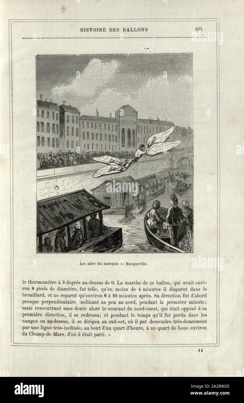 Les ailes du Marquis de Bacqueville, test en vol par Marquis de Bacqueville le 19 mars 1742 à Paris, signé : CL, fig. 24, p. 105, 1876, Alfred Sircos ; Th. Pallier : Histoire des ballons et des ascensions célèbres avec une préface de Nadar : dessins de A. Tissandier [...]. Paris : F. Roy, 1876 Banque D'Images