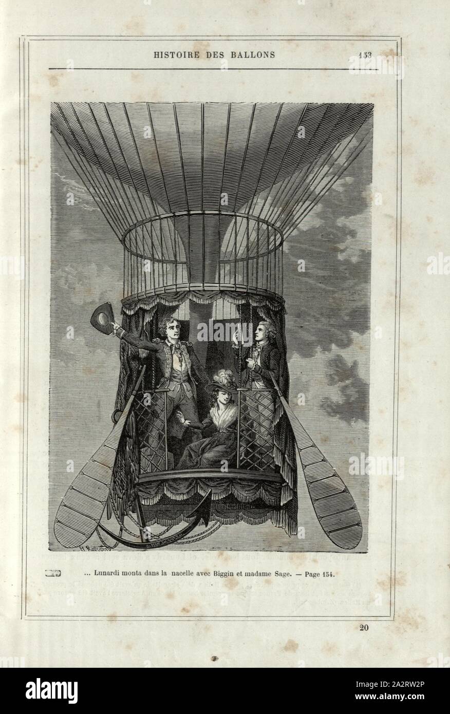 ... Lunardi a grimpé dans le panier avec Biggin et Madame Sage, balade en montgolfière par Vincenzo Lunardi, George Biggin et Letitia Ann sage le 14 septembre 1784, Signé : H. Rousseau, fig. 31, p. 153, Rousseau, Henri (déc.), 1876, Alfred Sircos ; Th. Pallier : Histoire des ballons et des ascensions célèbres avec une préface de Nadar : dessins de A. Tissandier [...]. Paris : F. Roy, 1876 Banque D'Images