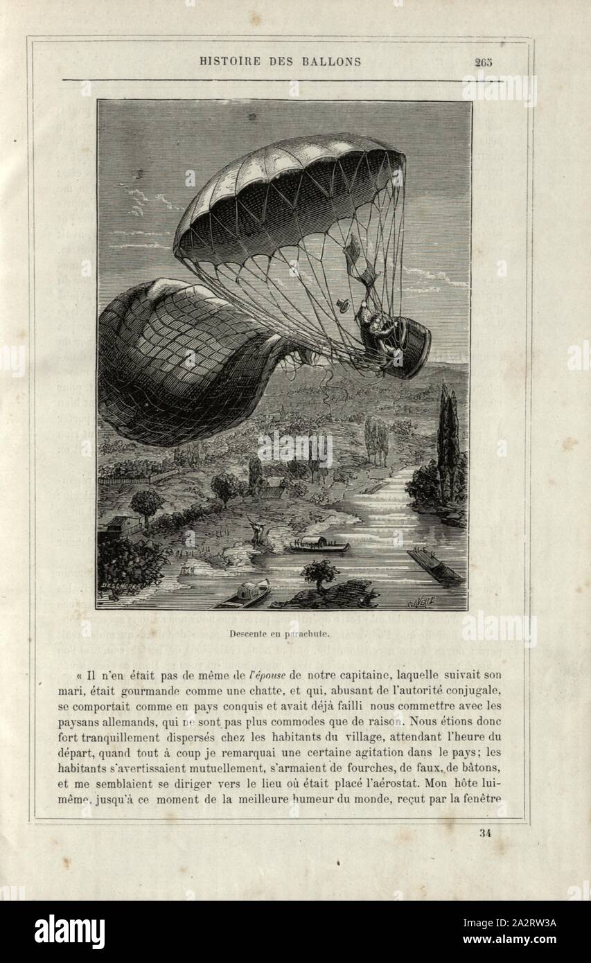 Descente en parachute, saut en parachute par André-Jacques Garnerin le 22 octobre 1797, Signé : R. E. Scherer ? ; Claverie, fig. 48, p. 265, Claverie (sc.), 1876, Alfred Sircos ; Th. Pallier : Histoire des ballons et des ascensions célèbres avec une préface de Nadar : dessins de A. Tissandier [...]. Paris : F. Roy, 1876 Banque D'Images