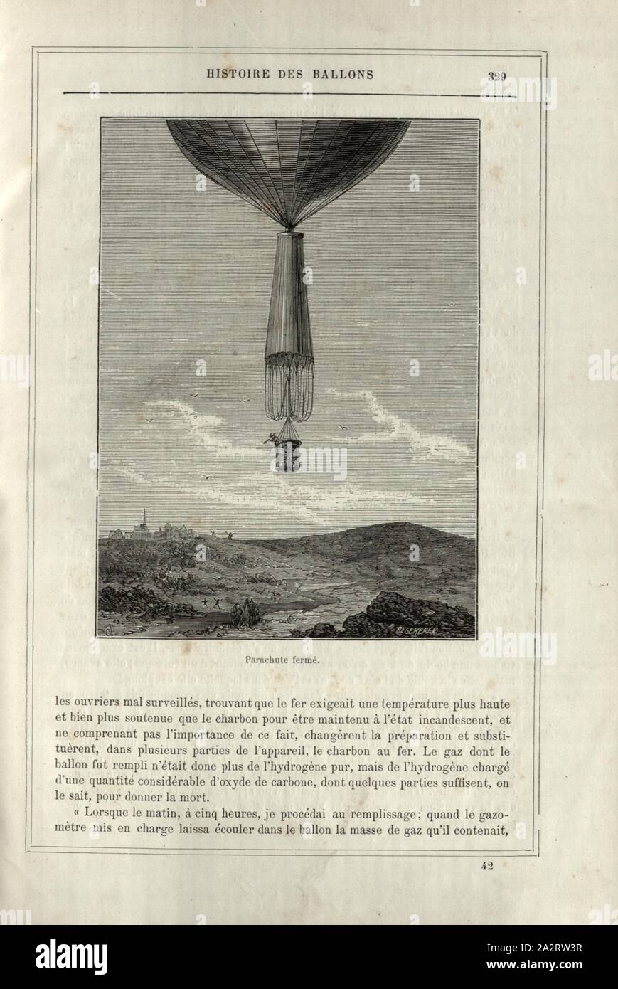 Parachute, parachute Fermé Fermé et hot air balloon par André-Jacques Garnerin avant le saut le 22 octobre 1797 au-dessus de l'Parkc Monceau à Paris, signé : 6105 ; R. E. Scherer ?, fig. 59, p. 329, 1876, Alfred Sircos ; Th. Pallier : Histoire des ballons et des ascensions célèbres avec une préface de Nadar : dessins de A. Tissandier [...]. Paris : F. Roy, 1876 Banque D'Images