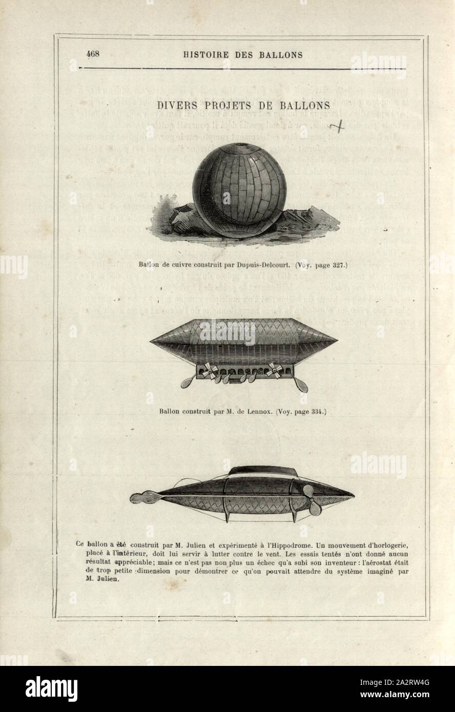 Divers projets 1 ballon ballon de cuir, par Jean-François Dupuis-Delcourt, dirigeables par de Lennox et Pierre Jullien 1850, fig. 79, p. 468, 1876, Alfred Sircos ; Th. Pallier : Histoire des ballons et des ascensions célèbres avec une préface de Nadar : dessins de A. Tissandier [...]. Paris : F. Roy, 1876 Banque D'Images