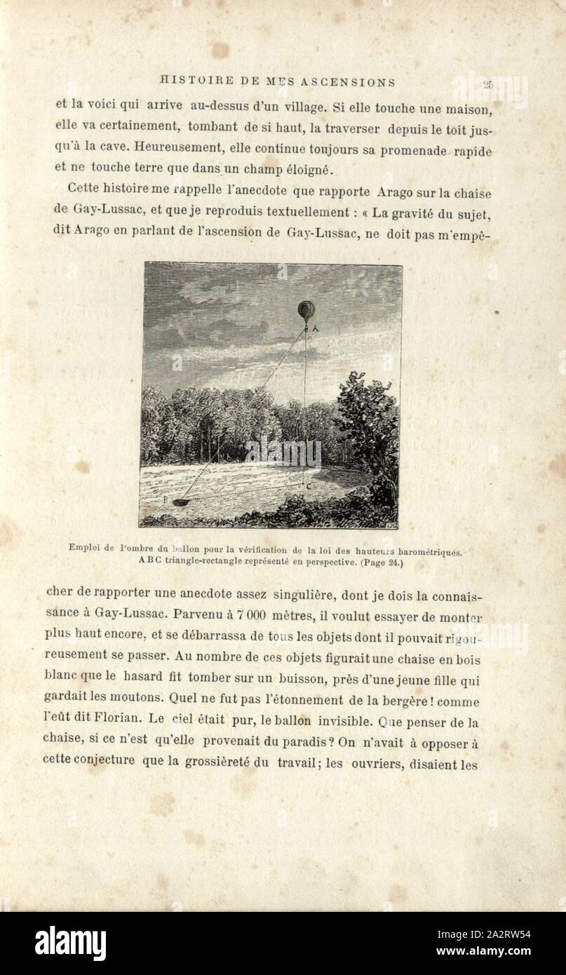 Utilisation de l'ombre du ballon pour la vérification de la loi de la hauteur barométrique, méthode de détection de la dépendance à l'altitude de la pression de l'air, fig.12, p. 25, Tissandier, Albert (del.), 1887, Gaston Tissandier : Histoire de mes ascensions. Récit de quarante voyages aériens (1868-1886). Paris : Maurice Dreyfous, 1887 Banque D'Images