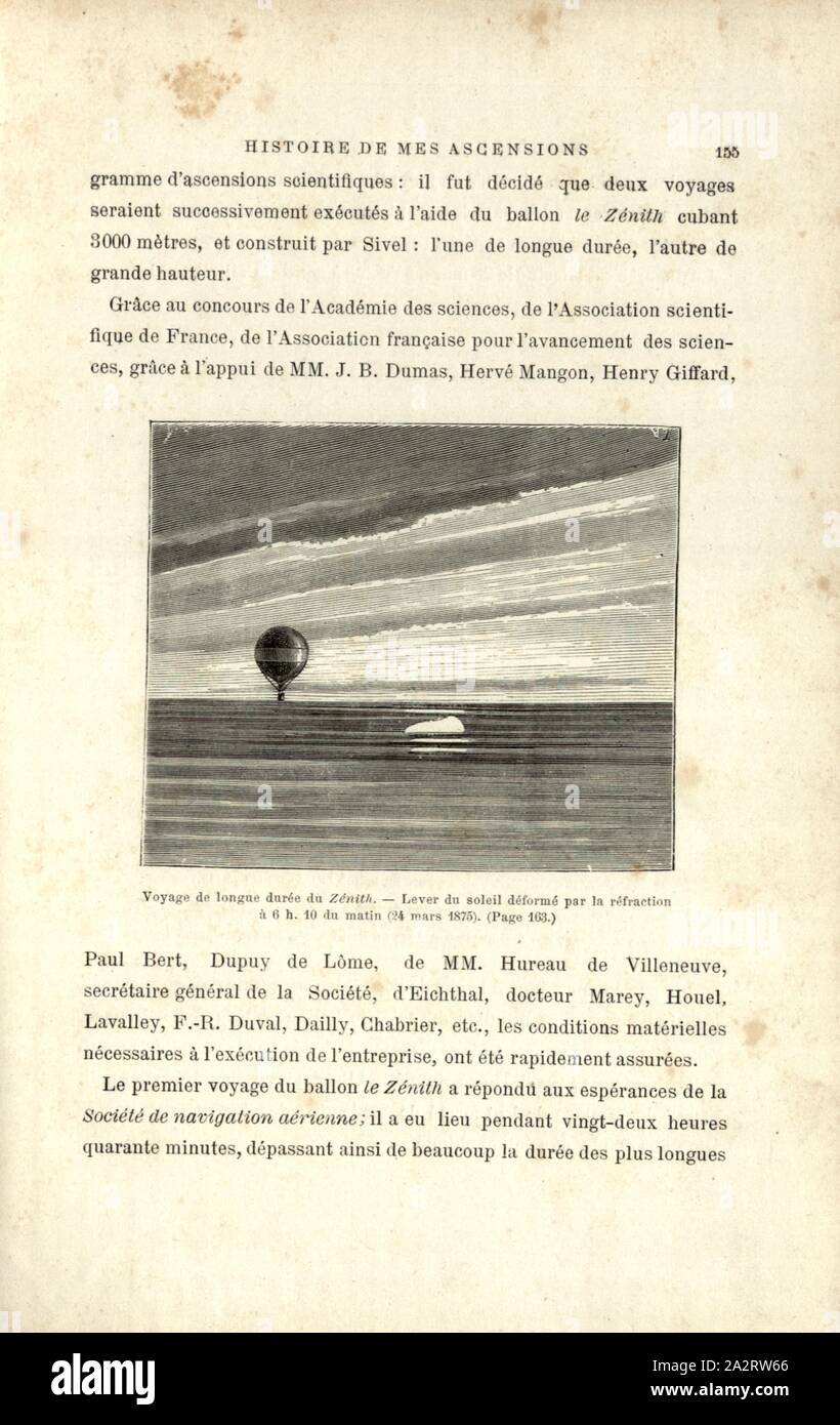 Parcours à long terme pour le zénith. Lever du soleil déformé par réfraction à 6 heures. Matin 10 Mars 24, 1875, Zenith Ballon le 24 mars 1875 à l'aube, signé : S. T, Fig. 39, p. 155, Smeeton, Burn (sc.), Tilly, Auguste (sc.), 1887, Gaston Tissandier : Histoire de mes ascensions. Récit de quarante voyages aériens (1868-1886). Paris : Maurice Dreyfous, 1887 Banque D'Images