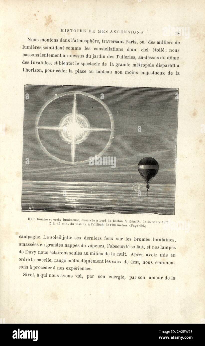 Halo lunaire et croix lumineuse, observé à bord du ballon le zénith, 24 mars 1875 5 h. 15 minutes le matin, à l'altitude de 1100 mètres, l'effet de lumière observer lors de l'équitation le ballon le zénith le 24 mars 1875, Signé : A. T, Fig. 41, p. 157, Tissandier, Albert (del.), 1887, Gaston Tissandier : Histoire de mes ascensions. Récit de quarante voyages aériens (1868-1886). Paris : Maurice Dreyfous, 1887 Banque D'Images