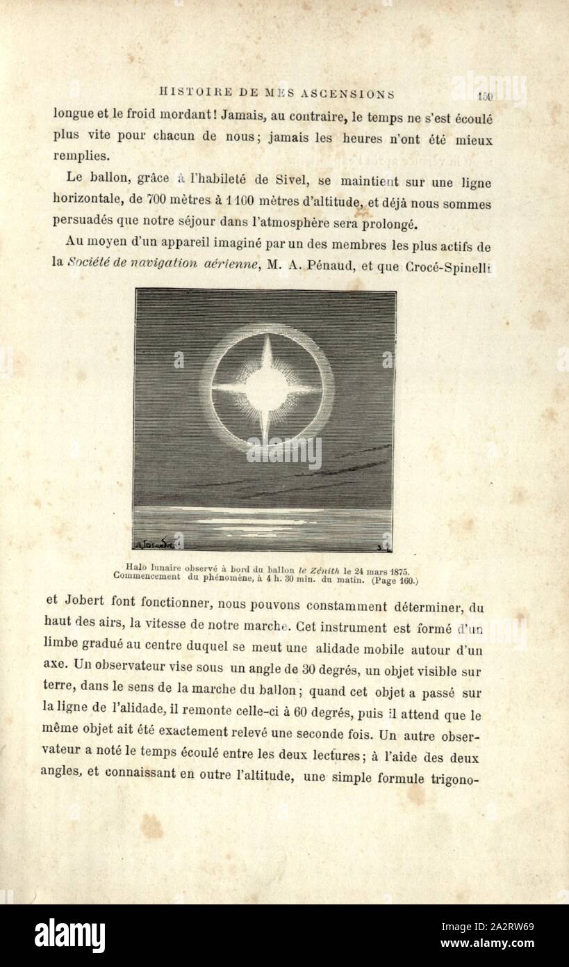 Halo lunaire observé à bord du ballon Zenith le 24 mars 1875, l'effet de lumière observer lors de l'équitation le ballon le zénith le 24 mars 1875, Signé : A. Tissandier ; P. T, Fig. 42, p. 159, Tissandier, Albert (del.) ; Smeeton, Burn (sc.), Tilly, Auguste (sc.), 1887, Gaston Tissandier : Histoire de mes ascensions. Récit de quarante voyages aériens (1868-1886). Paris : Maurice Dreyfous, 1887 Banque D'Images