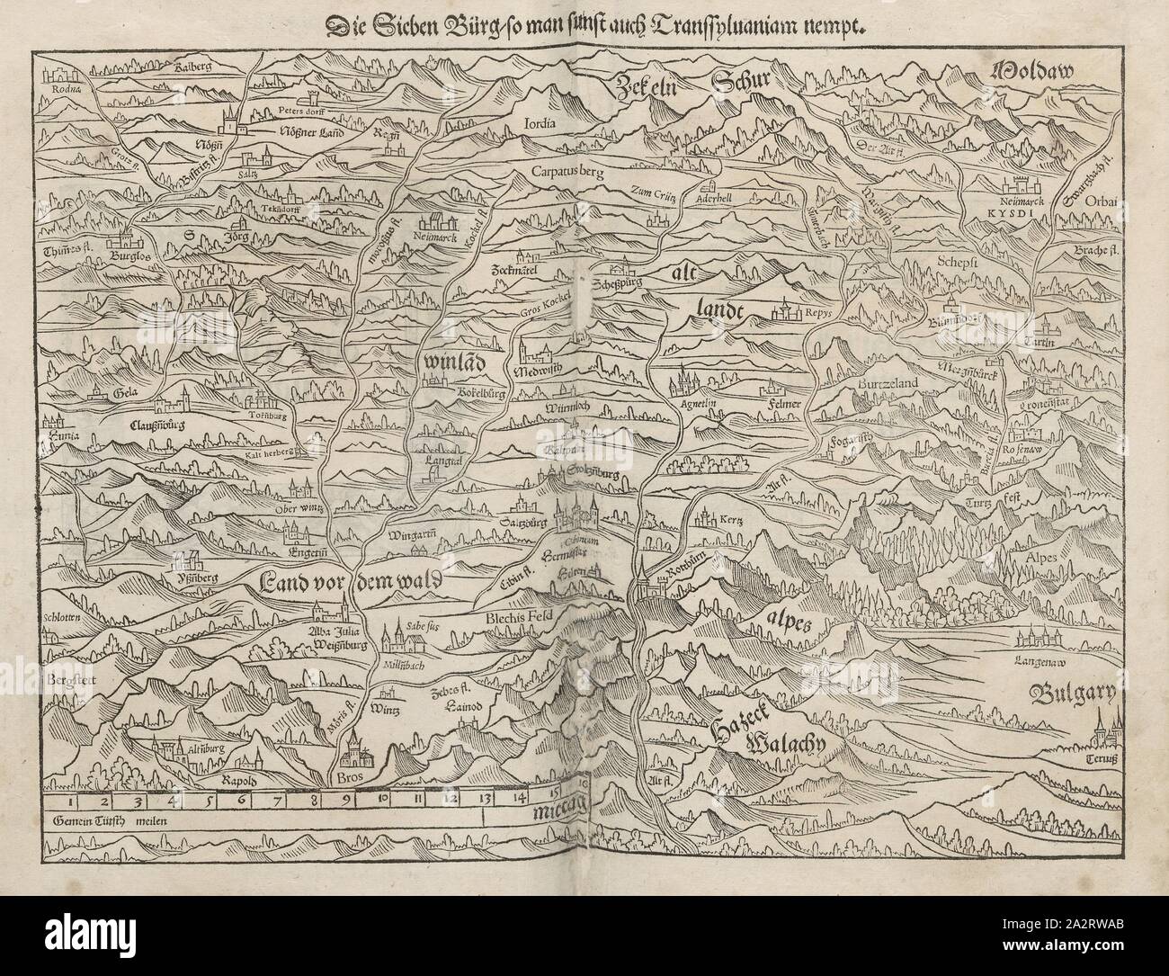 Les sept villes, aussi nempt Transsylvaniam pour vous, la carte de l'ancienne Transylvanie, aujourd'hui le centre de la Roumanie, à partir de la 16e siècle, fig. 16 ans, d'après S. vvii, 1544, Sebastian Münster : Cosmographia. Beschreibung aller prêteur durch Sebastianum Münsterum dans : welcher begriffen aller Voelker, Herrschaften, Stetten, und namhafftiger Vacances, herkommen : Sion, Gebreüch, Ordnung, glauben, Secten Hantierung und durch die gantze Welt und fürnemlich Teütscher Nation [...]. Bâle : durch Henrichum Petri, 1544 Banque D'Images