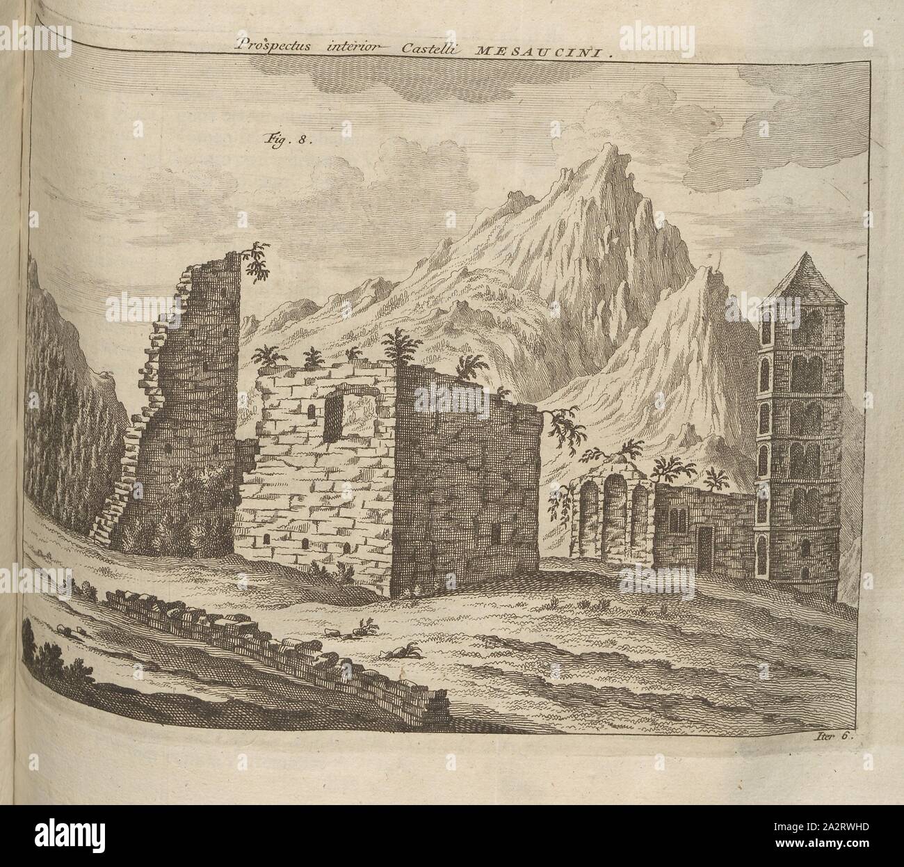 Intérieur Mesaucini Prospectus castelli, vue de l'intérieur de la ruine du  château Misox, fig. 8 (6) ITER, à p. 444, 1723, Johann Jakob Scheuchzer :  Ouresiphoites Helveticus, sive itinera Helvetiae alpinas, par