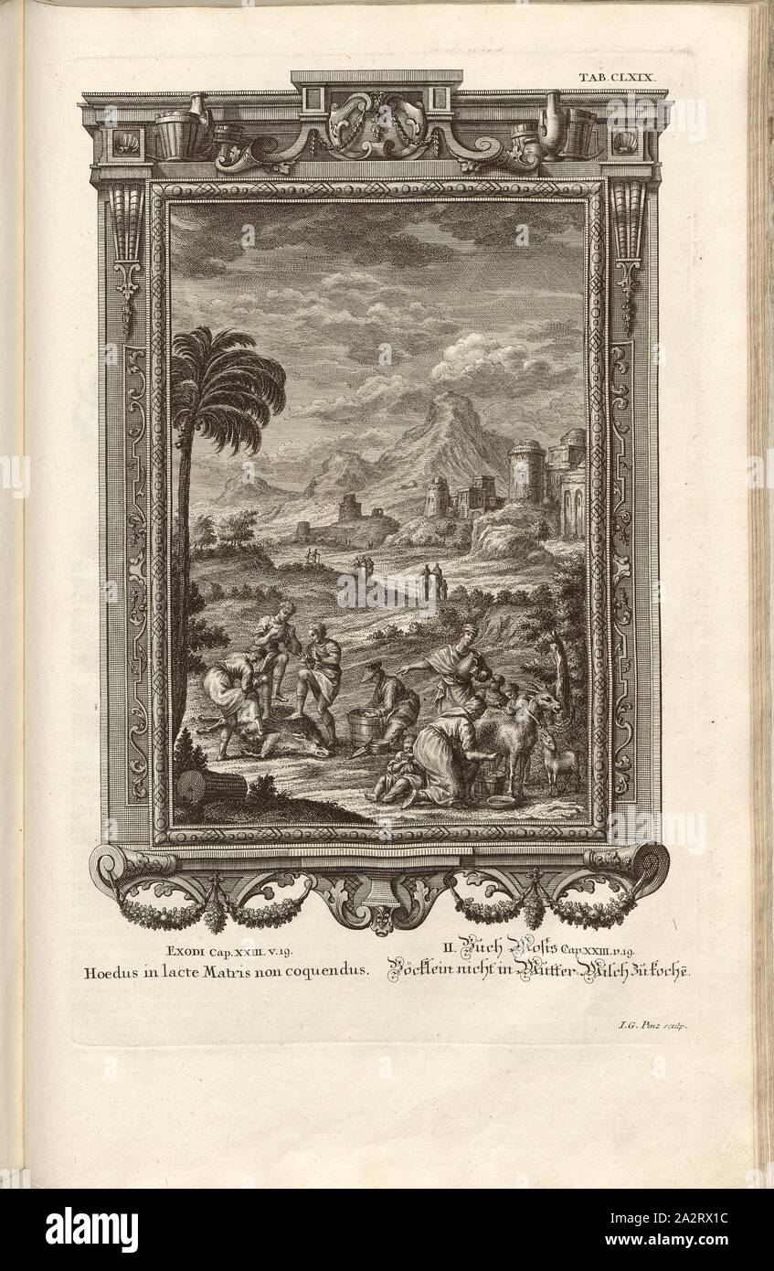 Dans le lait de chèvre est bouilli, titre parallèle : Ne faites pas cuire dans Böcklein le lait de la mère, signé : J. G. sculptures Pinz, gravure sur cuivre, plaque CLXIX (Vol. 1), Füssli, Johann Melchior ; Pinz, Johann Georg (couche externe.), 1731, Johann Jakob Scheuchzer : Kupfer-Bibel (...). Augspurg und Ulm : gedruckt bey Christian Ulrich Wagner, 1731-1735 Banque D'Images