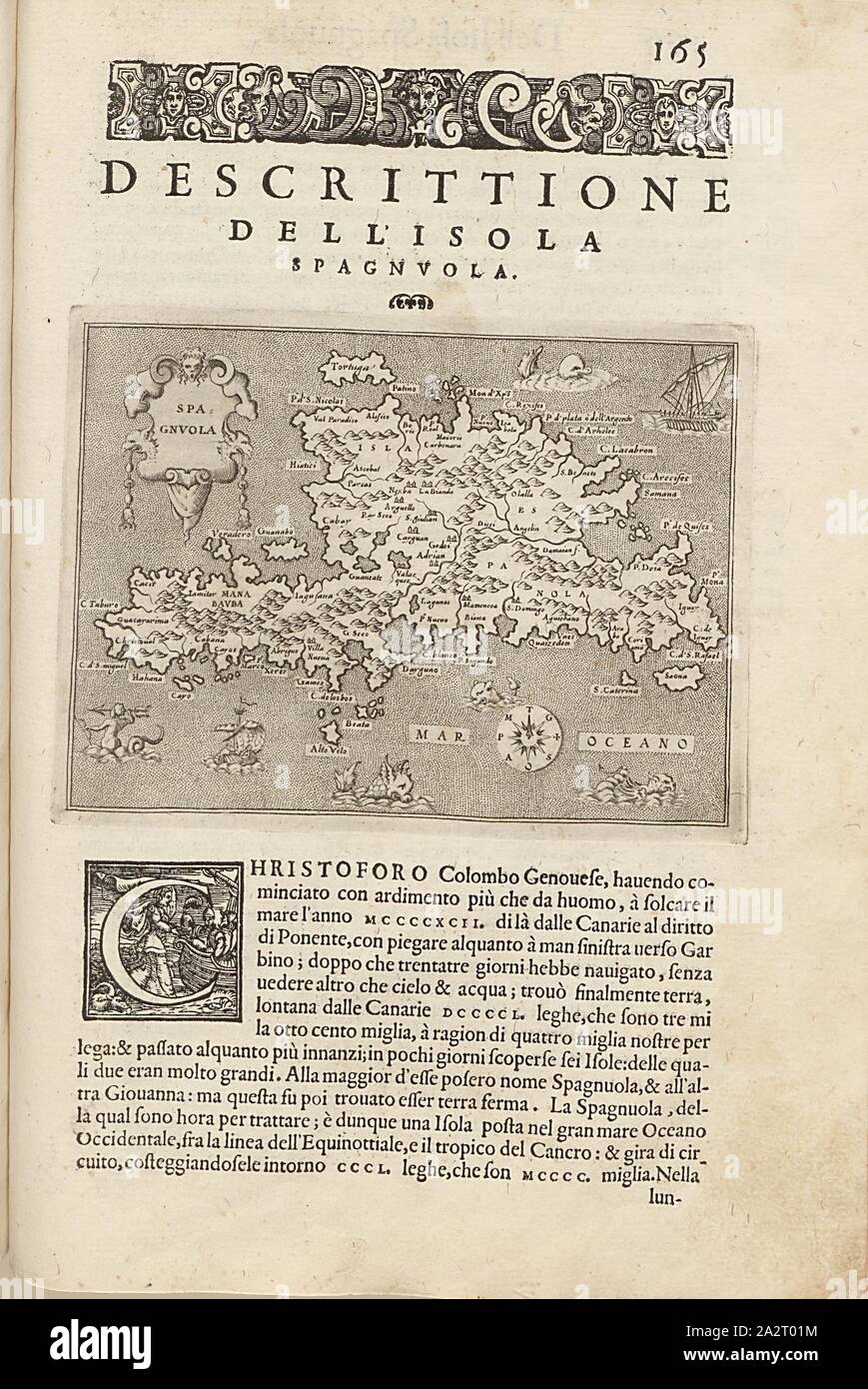 Spagnuola, la carte d'Hispaniola (Haïti et République dominicaine), fig. 39, p. 165, Porro, Girolamo (ill.), 1575, Thomaso Porcacchi, Girolamo Porro : L' isole piu famose del mondo. Il secondo libro. Dans la région de Vénétie : gli apresso Heredi di Simon Galignani, 1590 Banque D'Images