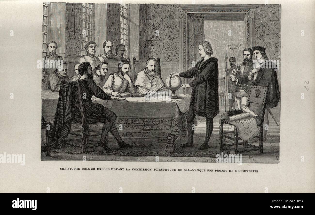 Christophe Colomb exposer devant la commission scientifique de Salamanque fils projet de découvertes, Christophe Colomb présente ses plans de découverte dans le comité scientifique de Salamanque, pl. 30, p. 396 après (vol. 2), Jan Verhas, 1867, Louis FIGUIER : Savants du moyen âge. Geber, Mesué, Rhasès, Averroès, Avicenne, Abulcasis, Albert le Grand, Thomas d'Aquin, Roger Bacon, Vincent de Beauvais, Arnauld de Villeneuve, Raymond Lulle, Guy de Chauliac, Gutenberg, Fust et Schoeffer, Christophe Colomb, Amèric Vespuce. Paris : librairie internationale ; à Bruxelles, à Leipzig et à Livourne, 1867 Banque D'Images