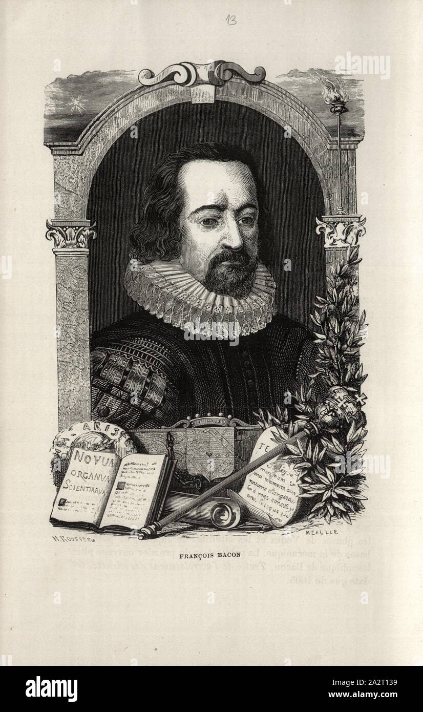 Portrait de François Bacon, Francis Bacon, signé : H. Rousseau ; F. Méaulle, fig. 11, p. 248, après Rousseau, H. ; Méaulle, F., 1869, Louis FIGUIER : Vies des savants illustres : depuis l'antiquité jusqu'au dix-neuvième siècle. Paris : librairie internationale, 1869 Banque D'Images