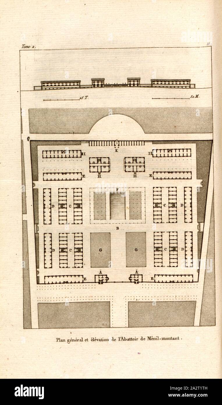 Plan général et l'élévation de l'abattoir de Ménil-dressée, Plan Abattoir Ménilmontant à Paris, date environ 11, après p. 54, p. 79, J. G. Legrand ; C. P. Landon : Description de Paris et de ses édifices : avec un précis historique et des observations sur le caractère de leur architecture, et sur les principaux objets d'art et de curiosité qu'ils renferment. Seconde édition, corrigée avec soin dans toutes ses parties, et considérablement augmentée. Bd. 2. Paris. Strasbourg. Treuttel et Würtz, 1818 Banque D'Images