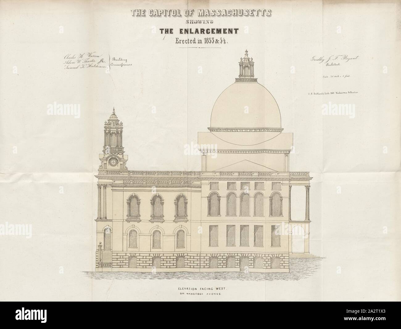 La capitale du Massachusetts montrant l'élargissement érigée en 1853, Aperçu de la Massachusetts State House à Boston, signé : J. F. Gridley Bryant ; J.H. Bufford's Lith, fig. 3, d'après p. 23, Bryant, J. F. Gridley (del.) ; Bufford, John Henry (sc.), 1854, Rapport de la commission pour l'élargissement de la State House. [Boston] : [s. n.], [1854 Banque D'Images