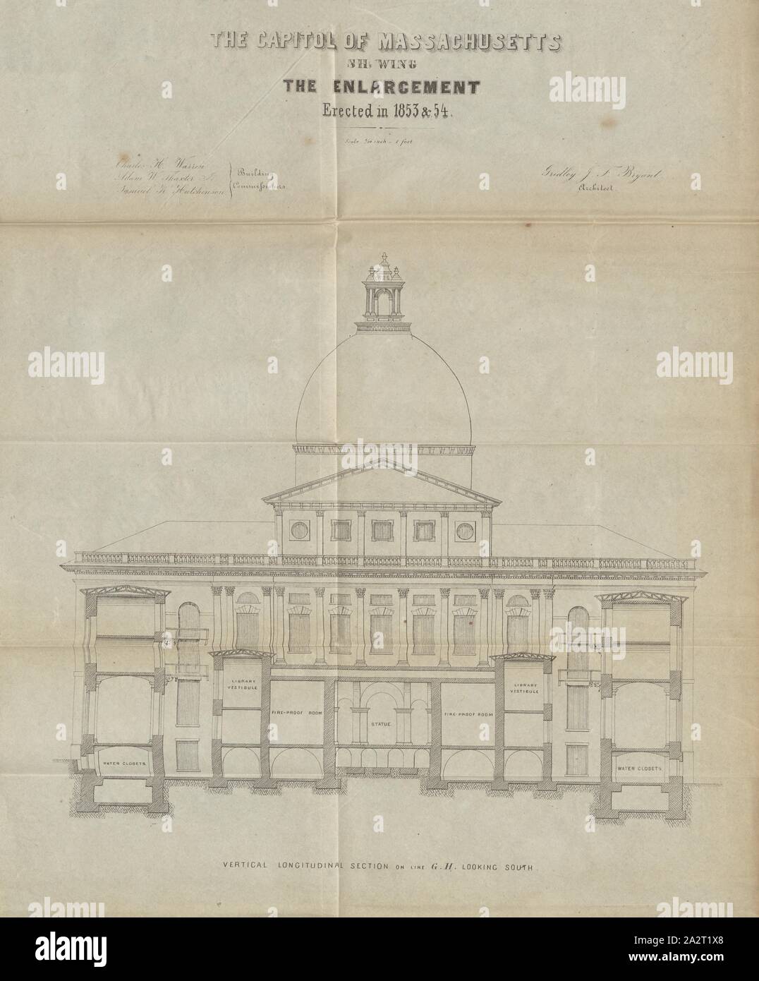 La capitale du Massachusetts montrant l'élargissement érigée en 1853, section longitudinale de la Massachusetts State House à Boston, signé : J. F. Gridley Bryant ; J.H. Bufford's Lith, fig. 7, p. 23, Bryant, J. F. Gridley (del.) ; Bufford, John Henry (sc.), 1854, Rapport de la commission pour l'élargissement de la State House. [Boston] : [s. n.], [1854 Banque D'Images