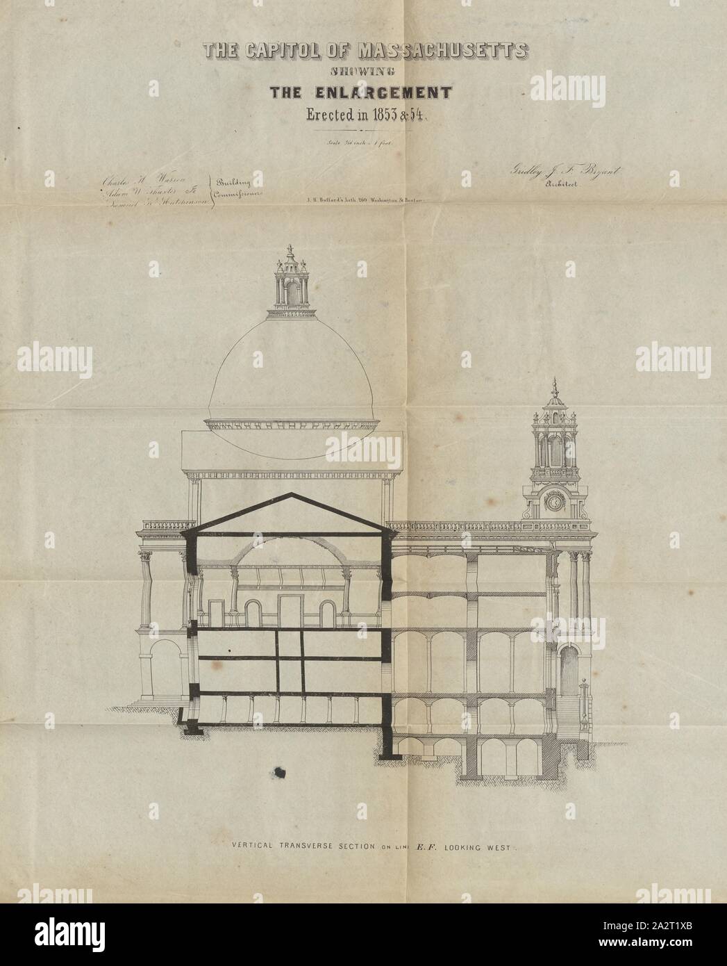 La capitale du Massachusetts montrant l'élargissement érigé en 1853, le Massachusetts State House, Boston, signé : J. F. Gridley Bryant ; J.H. Bufford's Lith, fig. 10, d'après p. 23, Bryant, J. F. Gridley (del.) ; Bufford, John Henry (sc.), 1854, Rapport de la commission pour l'élargissement de la State House. [Boston] : [s. n.], [1854 Banque D'Images