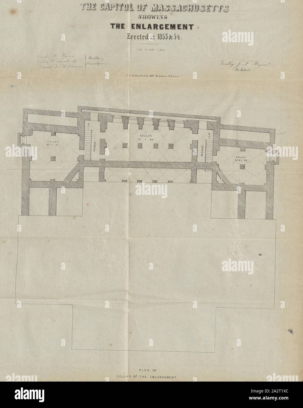 La capitale du Massachusetts montrant l'élargissement érigée en 1853, plan de masse du sous-sol des chambres la Massachusetts State House à Boston, signé : J. F. Gridley Bryant ; J.H. Bufford's Lith, fig. 11, p. 23, Bryant, J. F. Gridley (del.) ; Bufford, John Henry (sc.), 1854, Rapport de la commission pour l'élargissement de la State House. [Boston] : [s. n.], [1854 Banque D'Images