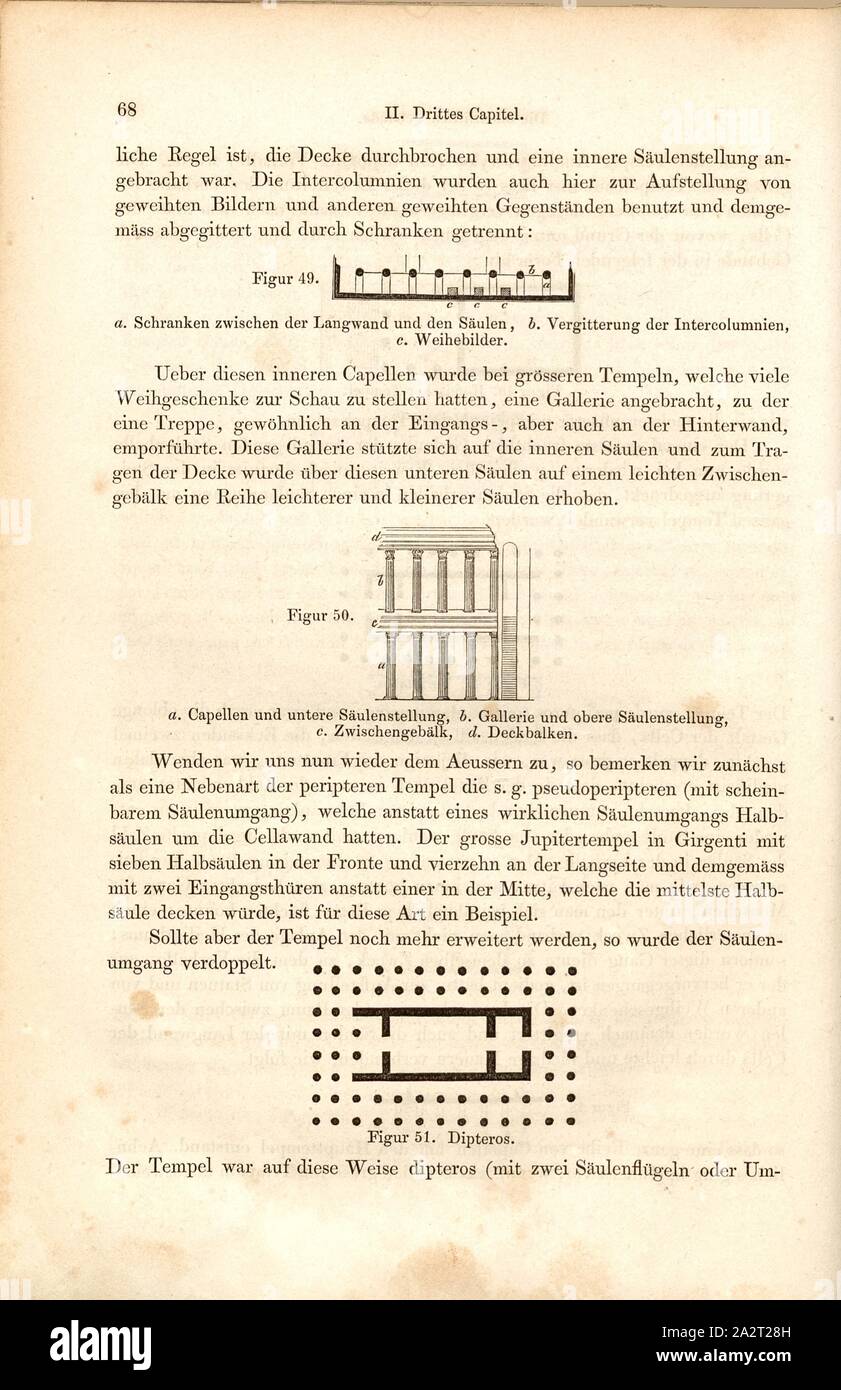 Piliers de temples anciens, un plan au sol et vue latérale des colonnes à un ancien temple, fig. 49, 50, 51 p. 68, 1856, Johannes Overbeck : Pompeji dans seinen Coaching, Alterthümern und Kunstwerken [...]. Leipzig : Verlag von Wilhelm Engelmann, 1856 Banque D'Images