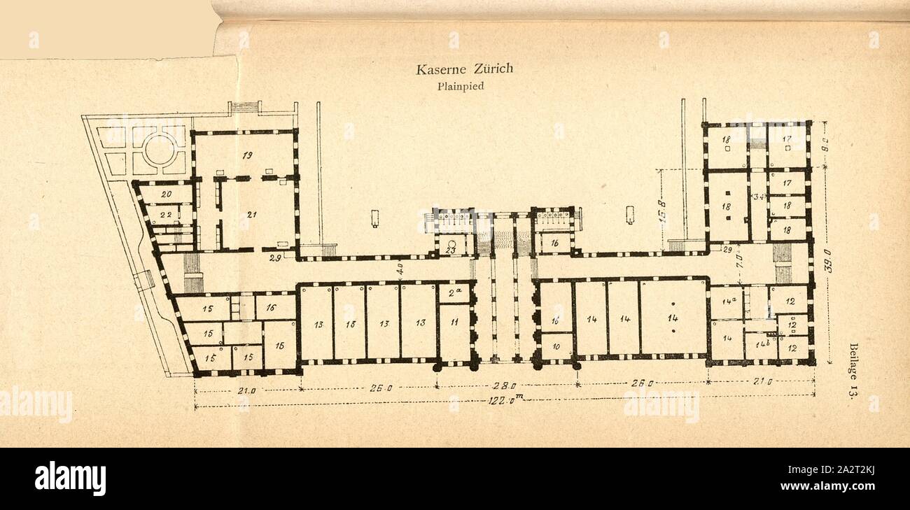 Barracks Zurich, plan au sol de la caserne de Zurich, à la p. 108, Schweizerischer Ingenieur und Architekten-Verein : Zürich's Gebäude und Sehenswürdigkeiten. Beschreibung der Stadt (...). Zürich : bei Orell Füssli & Co., 1877 Banque D'Images