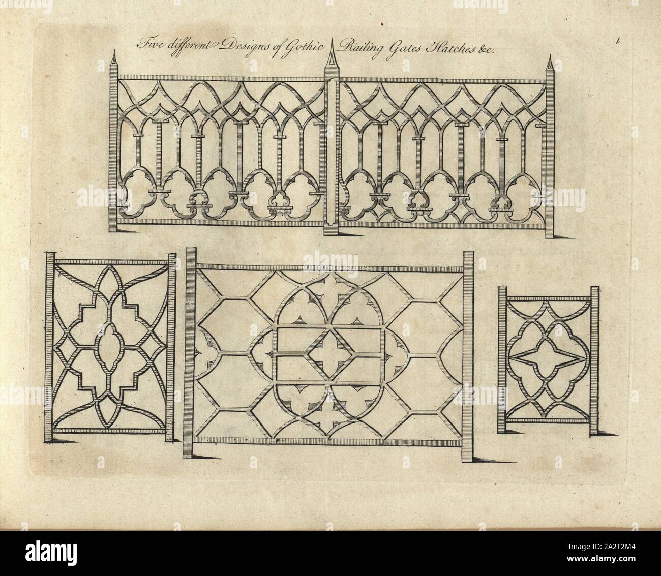 Cinq modèles différents de balustrade gothique Trappes Portes & c, gravure sur cuivre, gothique, fig. 2, 1759, P. Decker : [...] l'architecture chinoise. Londres : [s.n.], 1759 Banque D'Images