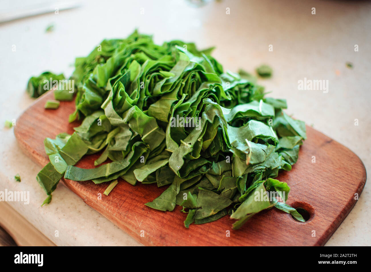 Les jeunes tranches d'oseille verte pour le borscht et salade se trouve sur une planche à découper, de style rustique, le matin dans la lumière du soleil. Copier l'espace. Banque D'Images