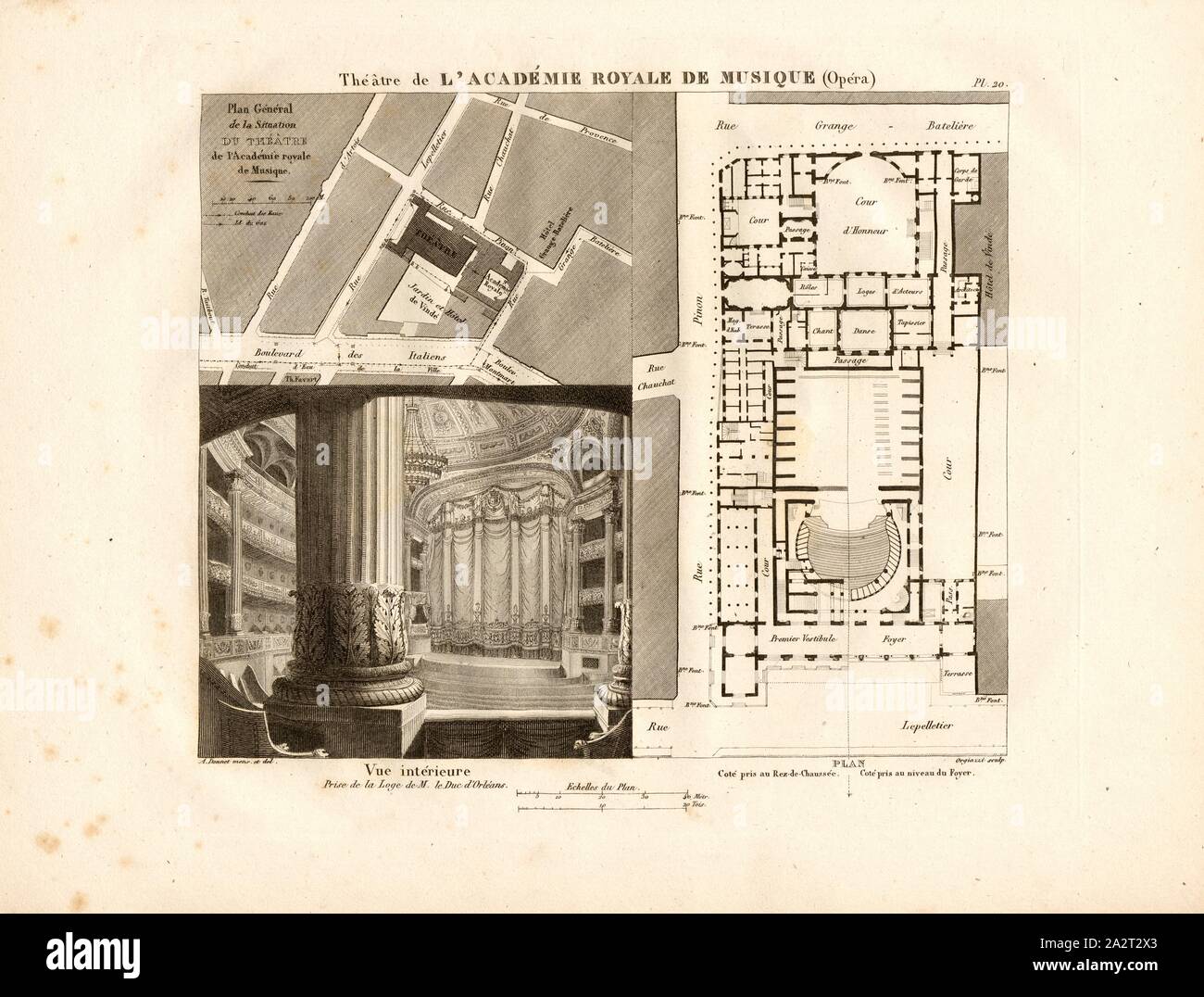 Théâtre de l'Académie royale de musique, l'Opéra de Paris, signé : A. Donnet mens., et del, Orgiazzi, fig. 20, Pl. 20, p. 28, Donnet, Alexis (mens. et del.) ; Orgiazzi, Alexis (sc.), Alexis Donnet, Orgiazzi, Jacques-Auguste Kaufmann : Architectonographie des théâtres, ou parallèle historique et critique de ces édifices, authors sous le rapport de l'architecture et de la décoration. Paris : L. Mathias (Augustin), [1837 MDCCCXXXVII Banque D'Images