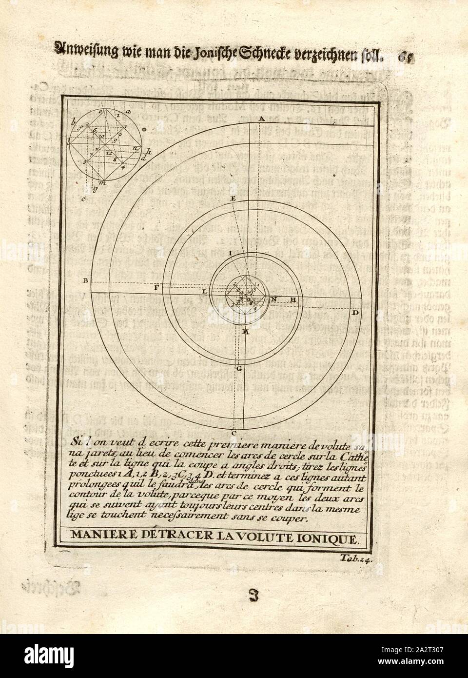 Des instructions sur la façon d'enregistrer l'escargot ionienne, géométrique dessin / instructions pour la conception de la forme de l'aide de Julian, onglet de la colonne. 24, p. 65, Sturm, Leonhard Christian, 1725, Giacomo Barozzi da Vignola : Ausführliche Anleitung zu der gantzen Civil-Bau-Kunst : worinnen en Lebens-Beschreibungen, nebst den fünff Ordnungen und von J. Bar. de Vignola wie auch dessen und des berühmten Mich. Angelo vornehmsten Coaching, alles, était dans der Baukunst der dem Bauzeuge Austheilung, und der nach Verzierung, donc wohl der Bildhauer bey, Mahler, Steinmetze, Maurer, Zimmerleute und als Dach-Decker Banque D'Images