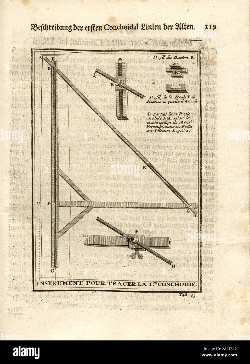 Description de la première ligne conchoidal des anciens, l'instrument et sa fonction, ce qui permet la réduction d'une colonne sur la base de la ligne conchoid, onglet. 43, p. 119, Sturm, Leonhard Christian, 1725, Giacomo Barozzi da Vignola : Ausführliche Anleitung zu der gantzen Civil-Bau-Kunst : worinnen en Lebens-Beschreibungen, nebst den fünff Ordnungen und von J. Bar. de Vignola wie auch dessen und des berühmten Mich. Angelo vornehmsten Coaching, alles, était dans der Baukunst der dem Bauzeuge Austheilung, und der nach Verzierung, donc wohl der Bildhauer bey, Mahler, Steinmetze, Maurer und Banque D'Images