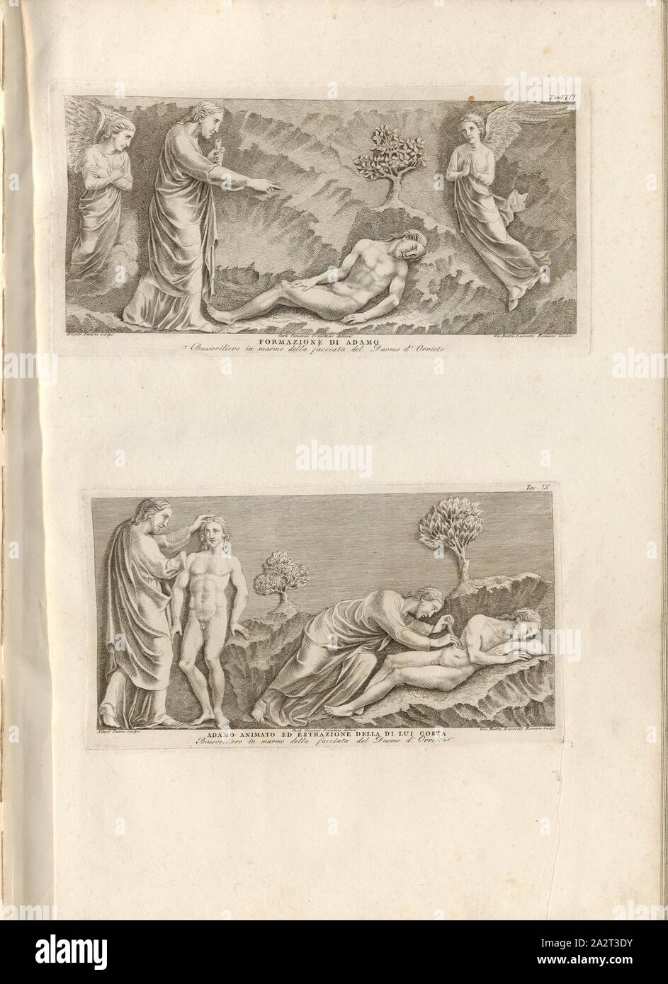 Formation d'Adam et Adam animé et extraction de son littoral, la création : 6ème jour, signé : Nicolo Pisano (scolpi) ; Carlo (Cencioni delineo) ; Gio Batta, Leonetti, inciser (), Tav., viii et Tav., ix, Pisano, Nicolo (sc.) ; Cencioni, Carlo (del.) ;, Guglielmo Della Valle : Storia del Duomo di Orvieto. Roma : presso i Lazzarini, MDCCXCI [1791 Banque D'Images