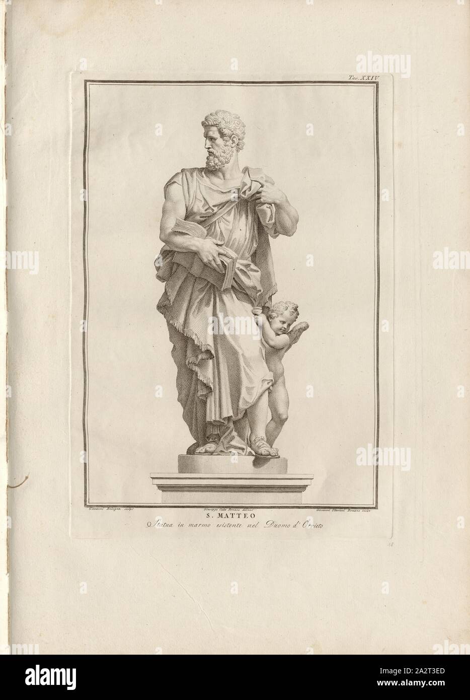 Saint Matthieu, statue en marbre de l'apôtre Matthieu dans la Cathédrale d'Orvieto, signé : Giovanni Bologna scolpi ; Giuseppe Cades Romano delineo ; Giovanni Ottaviani Romano inciser, Tav., XXIV, Bologne, Giovanni da (scolpi), la CADES, Giuseppe (delineo) ; Ottaviani, Giovanni (incise), Guglielmo Della Valle : Storia del Duomo di Orvieto. Roma : presso i Lazzarini, MDCCXCI [1791 Banque D'Images