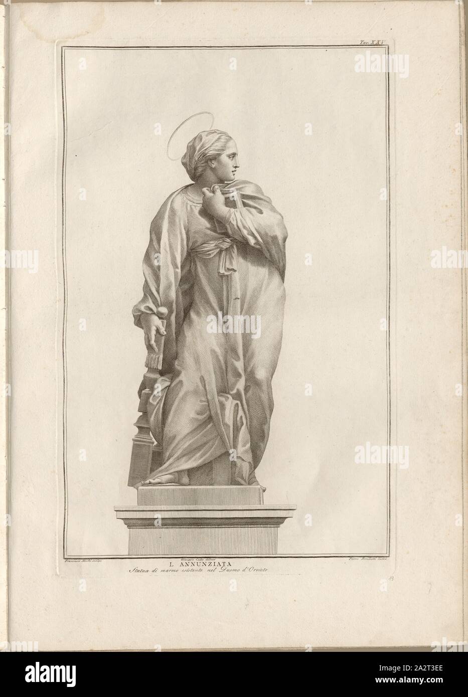 L'Annonciation, statue en marbre dans la Cathédrale d'Orvieto, signé : Francesco Mochi scolpi ; Giuseppe Cades delineo ; Pietro Bombelli inciser, Tav., XXV, Mochi, Francesco (scolpi) ; à la Cades, Giuseppe (delineo) ; Bombelli, Pietro (incise), Guglielmo Della Valle : Storia del Duomo di Orvieto. Roma : presso i Lazzarini, MDCCXCI [1791 Banque D'Images