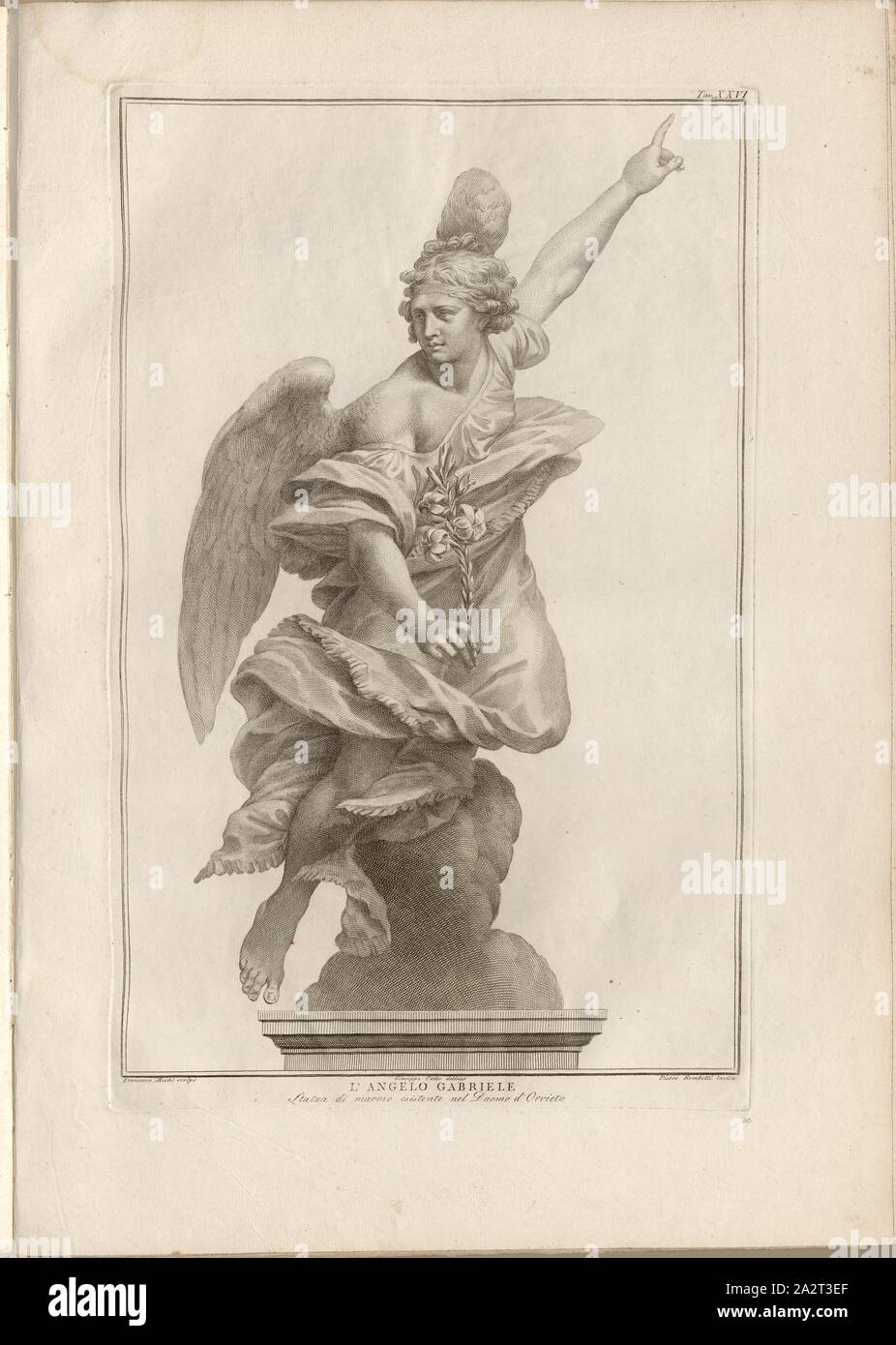 L'Ange Gabriel, statue en marbre de l'Archange Gabriel dans la Cathédrale d'Orvieto, signé : Francesco Mochi scolpi ; Giuseppe Cades delineo ; Pietro Bombelli inciser, Tav., XXVI, Mochi, Francesco (scolpi) ; à la Cades, Giuseppe (delineo) ; Bombelli, Pietro (incise), Guglielmo Della Valle : Storia del Duomo di Orvieto. Roma : presso i Lazzarini, MDCCXCI [1791 Banque D'Images