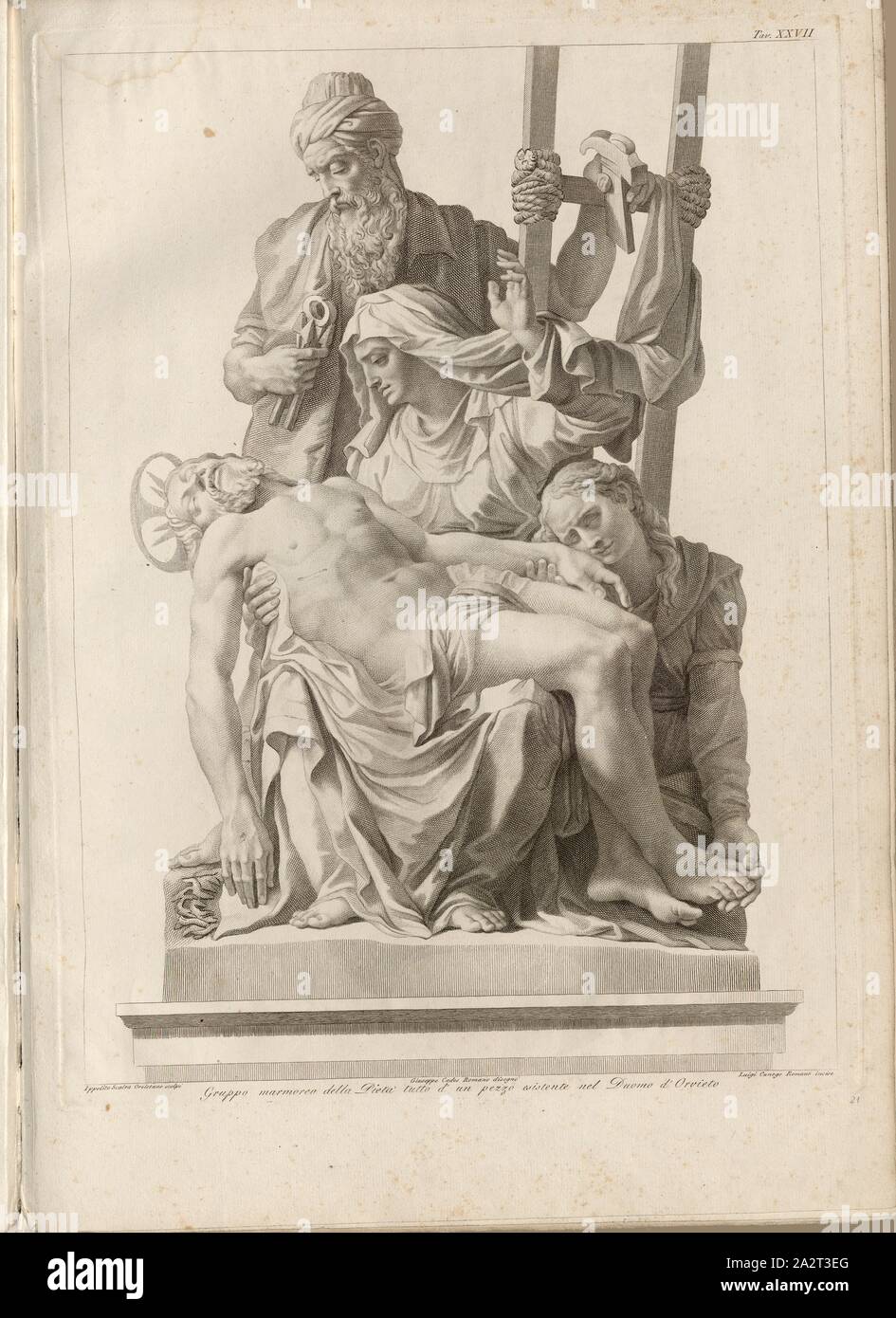 Pitié, Groupe de billes dans l'Oriveto Cathédrale, signé : Ippolito Scalza Orvietano scolpi ; Giuseppe Cades Romano disegno ; Luigi Canego Romano inciser, Tav., XXVII, Scalza, Ippolito (scolpi) ; à la Cades, Giuseppe (disegno) ; Canego, Luigi (incise), Guglielmo Della Valle : Storia del Duomo di Orvieto. Roma : presso i Lazzarini, MDCCXCI [1791 Banque D'Images