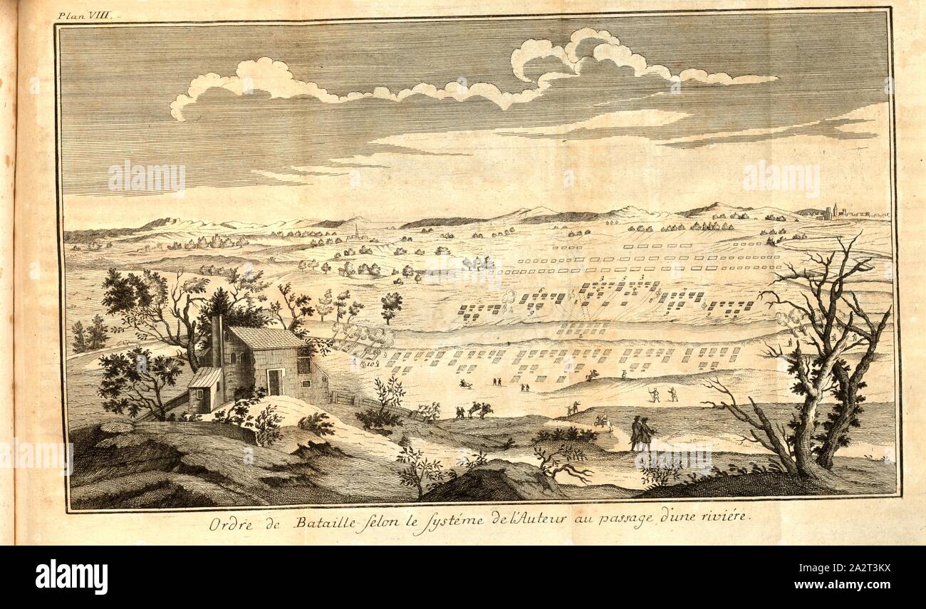 Ordre de bataille d'après le système de l'auteur au passage d'une rivière, l'ordre de bataille d'après l'auteur, l'Lehrgebäude au croisement sur une rivière, Pl. VIII, p. 184 après, Jean-Charles de Folard : Kern aus des Ritters Herrn von Folard Erklärungen über die Geschichte des Polybe, zum Gebrauche eines officiers [...]. [S. l.] : [s. n.], 1760 Banque D'Images