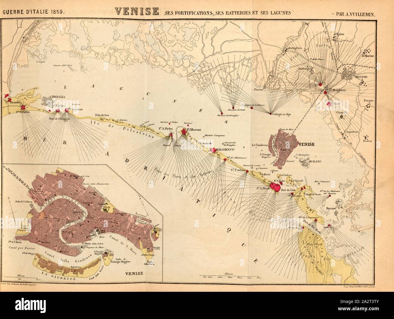 Les fortifications de Venise, les batteries et les lagons, Plan de forteresses et d'armes à feu à Venise pendant la guerre d'indépendance italienne 1866, signé : par A. Vuillemin ; gravé chez Erhard, fig. 2, partie 1, après p. 32, Vuillemin, Alexandre (dressé) ; Erhard Schieble, Georges (désorganisé), Amédée de Cesena : Campagne de Piémont et de Lombardie en 1859. Paris : Garnier Frères, 1860 Banque D'Images
