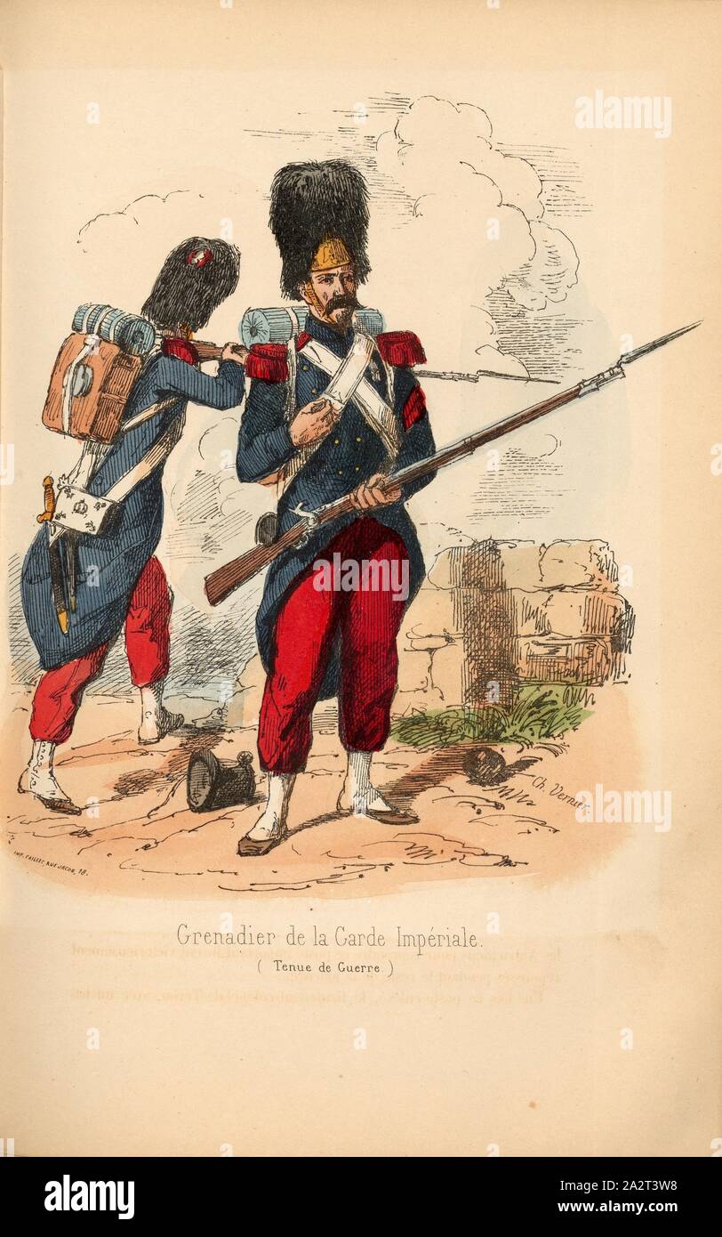 Grenadier de la Garde Impériale, Grenadier de la Garde Impériale, signé : Ch. Vernier, fig. 12, partie 1, p. 280 après, Vernier, Ch. (déc.), Amédée de Cesena : Campagne de Piémont et de Lombardie en 1859. Paris : Garnier Frères, 1860 Banque D'Images